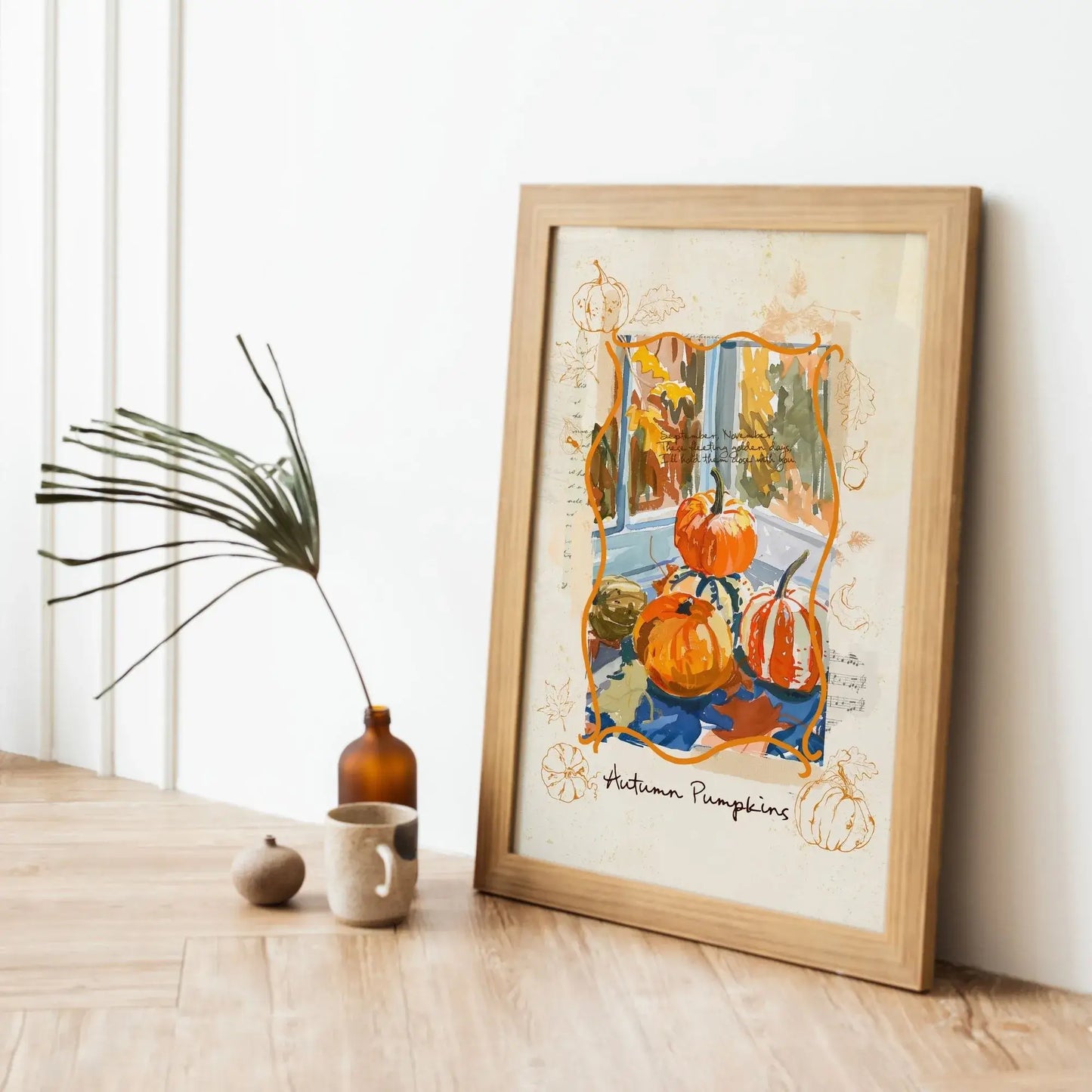 Autumn pumpkins Thanksgiving wall art print in seasonal rustic setting