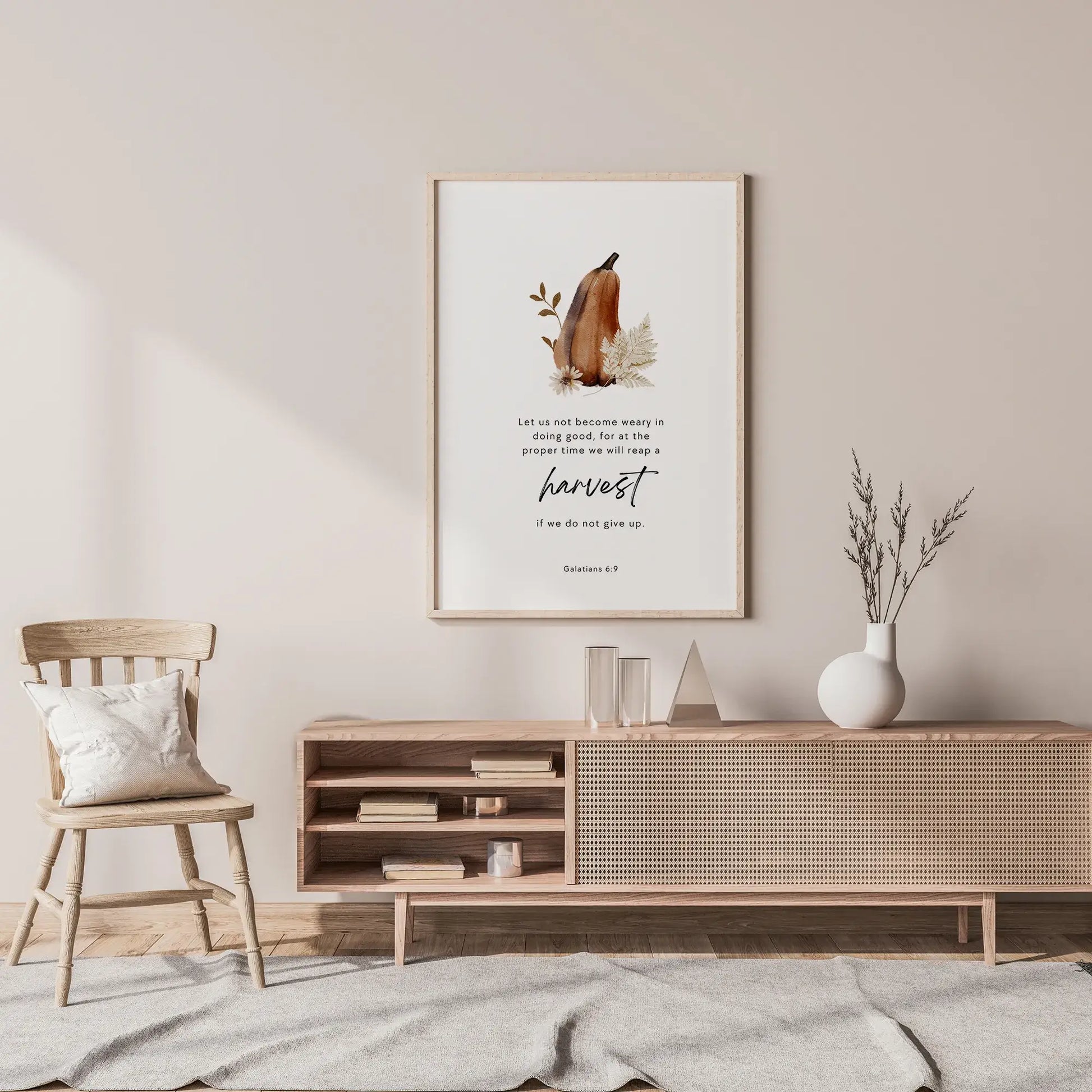 Galatians 6 verse 9 Autumn Art Print in neutral modern interior