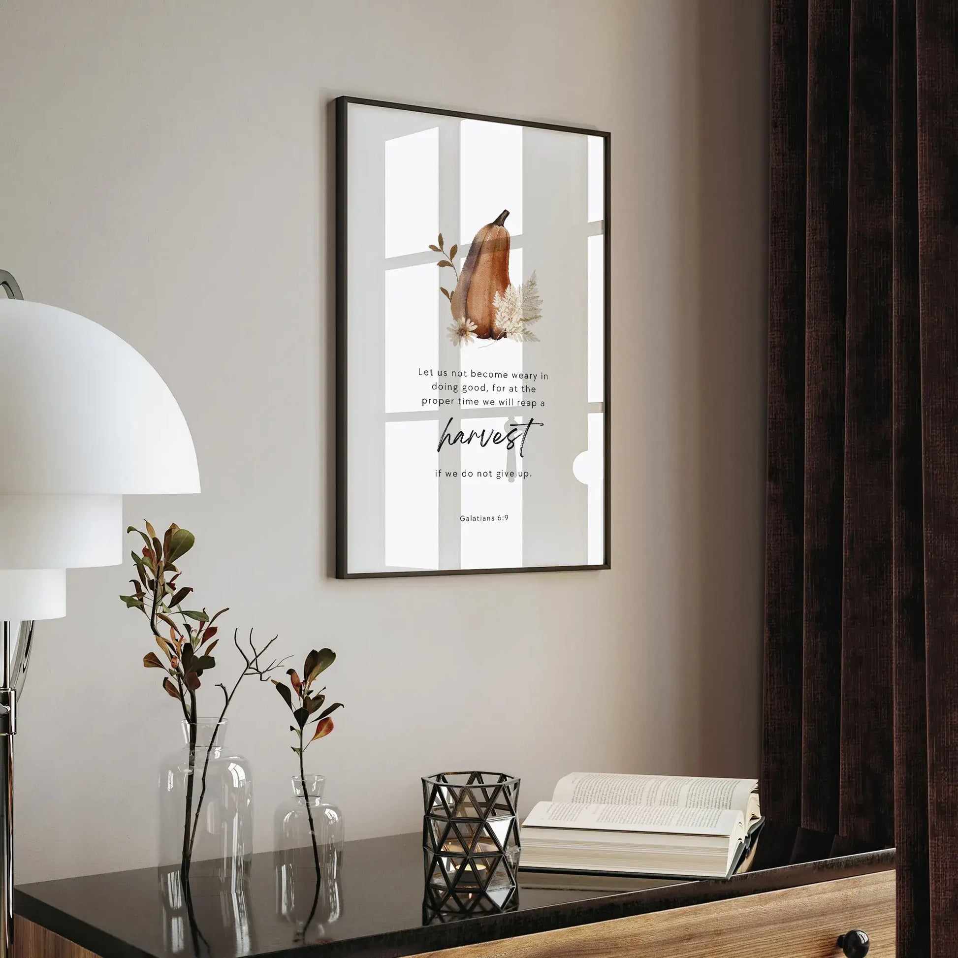 Galatians 6 verse 9 Autumn Art Print in modern home interior, scripture digital download decor