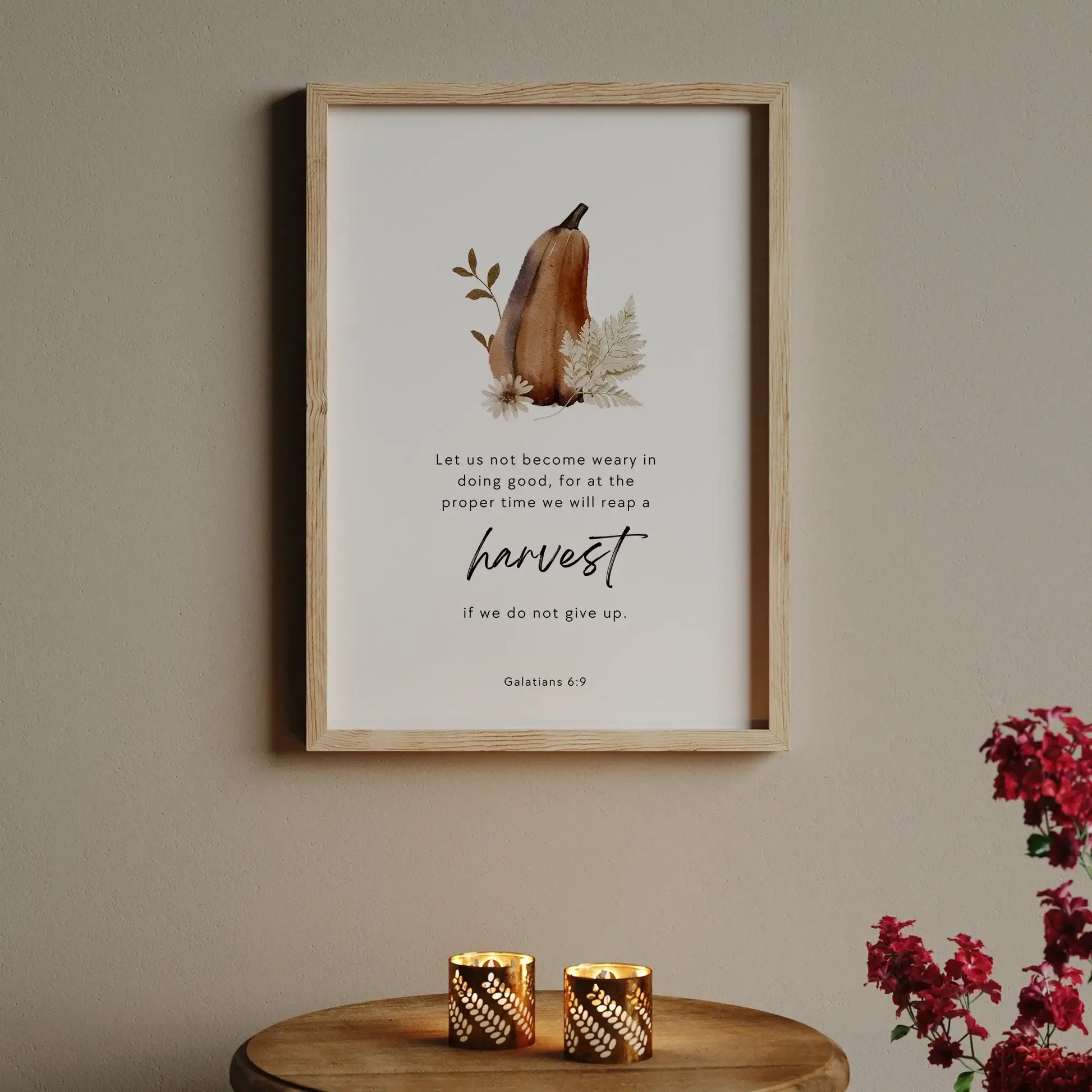 Galatians 6 verse 9 Autumn Art Print with pumpkin harvest design, autumn Bible verse print for seasonal home decor