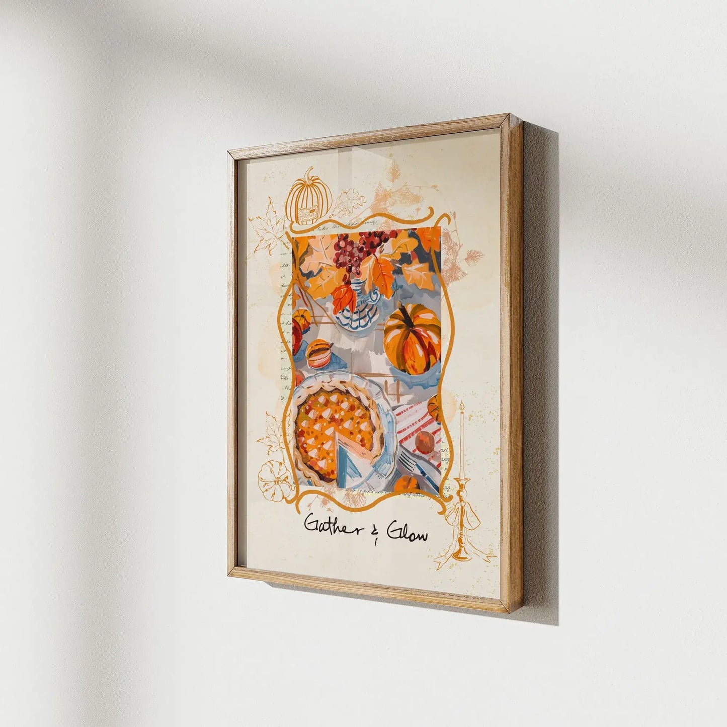Thanksgiving autumnal wall art in wooden frame – angled view of matte printed seasonal wall art with pumpkins and pie