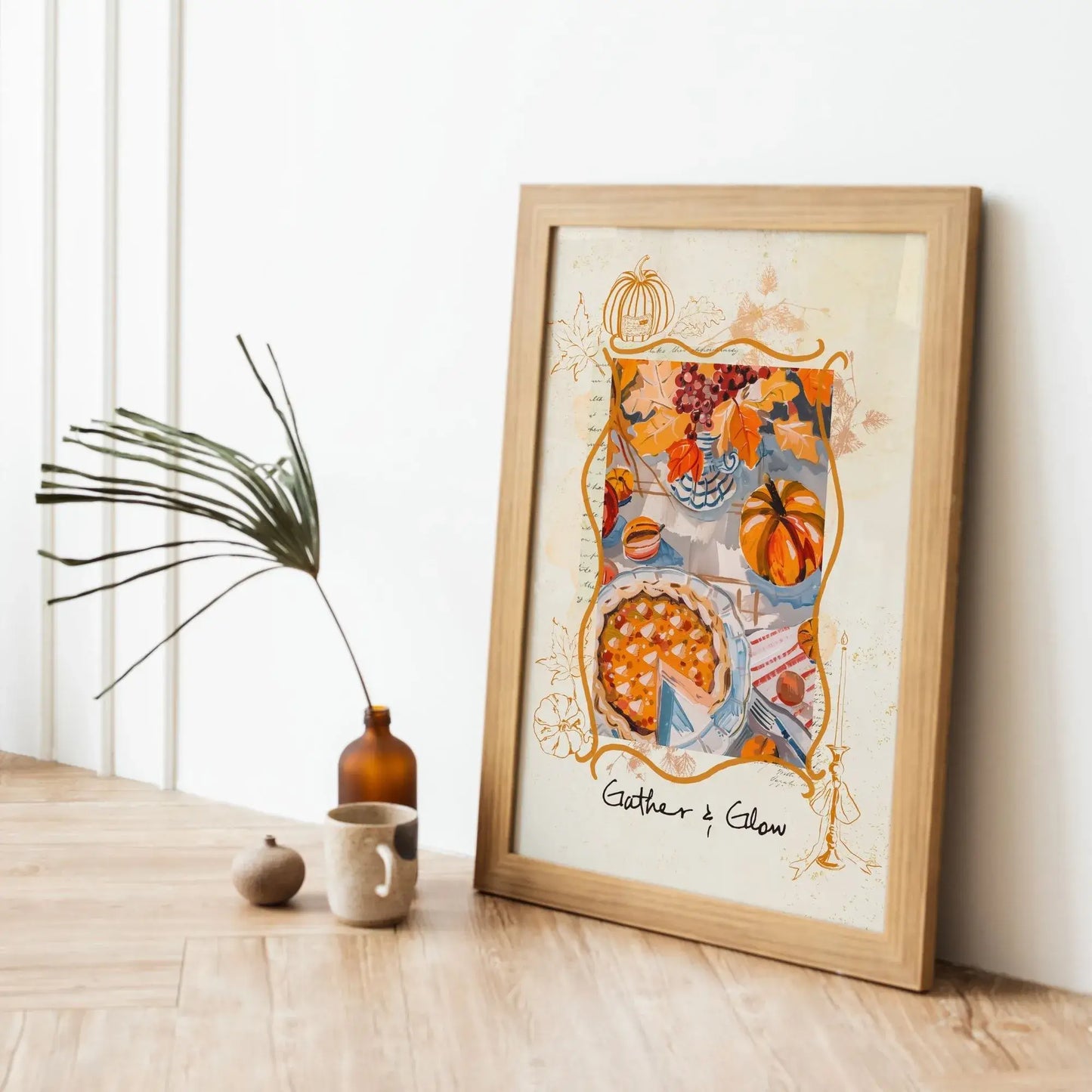 Gather & Glow Thanksgiving autumnal wall art in wooden frame – matte printed wall art styled on floor with rustic vase and fall accents