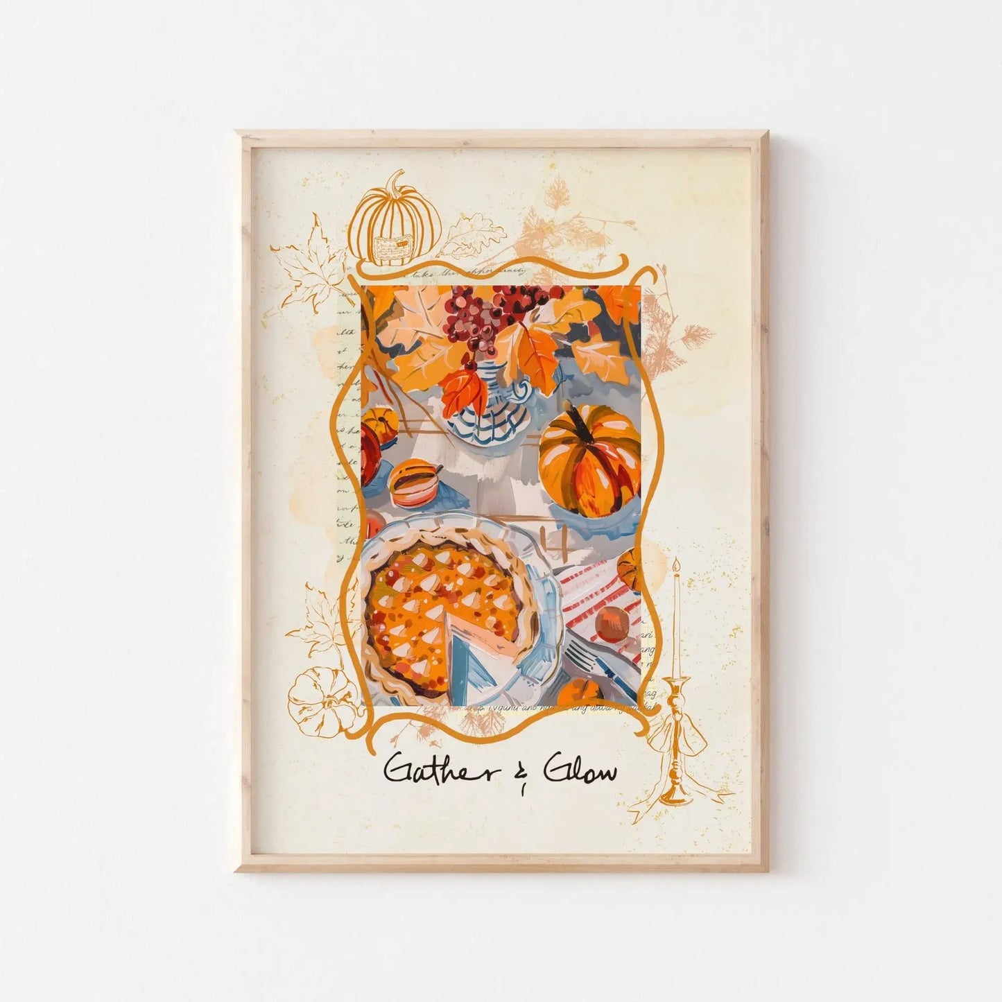 Thanksgiving autumnal wall art in wooden frame – printed matte seasonal artwork with pumpkins, pie, and fall leaves