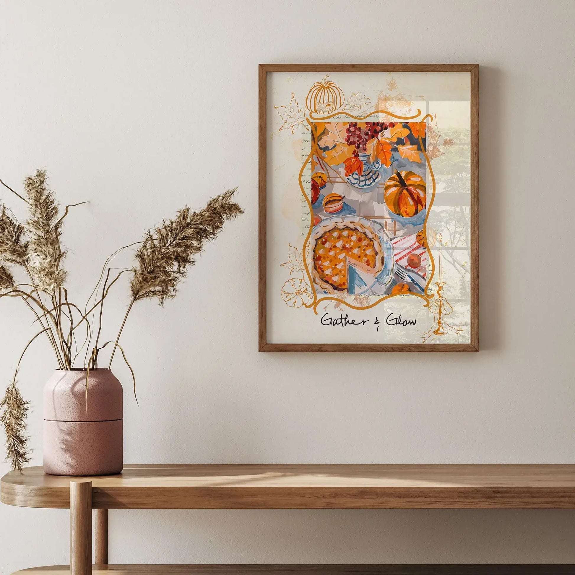 Thanksgiving autumnal wall art with pumpkins and pie – matte finish seasonal print styled on wall with rustic vase decor
