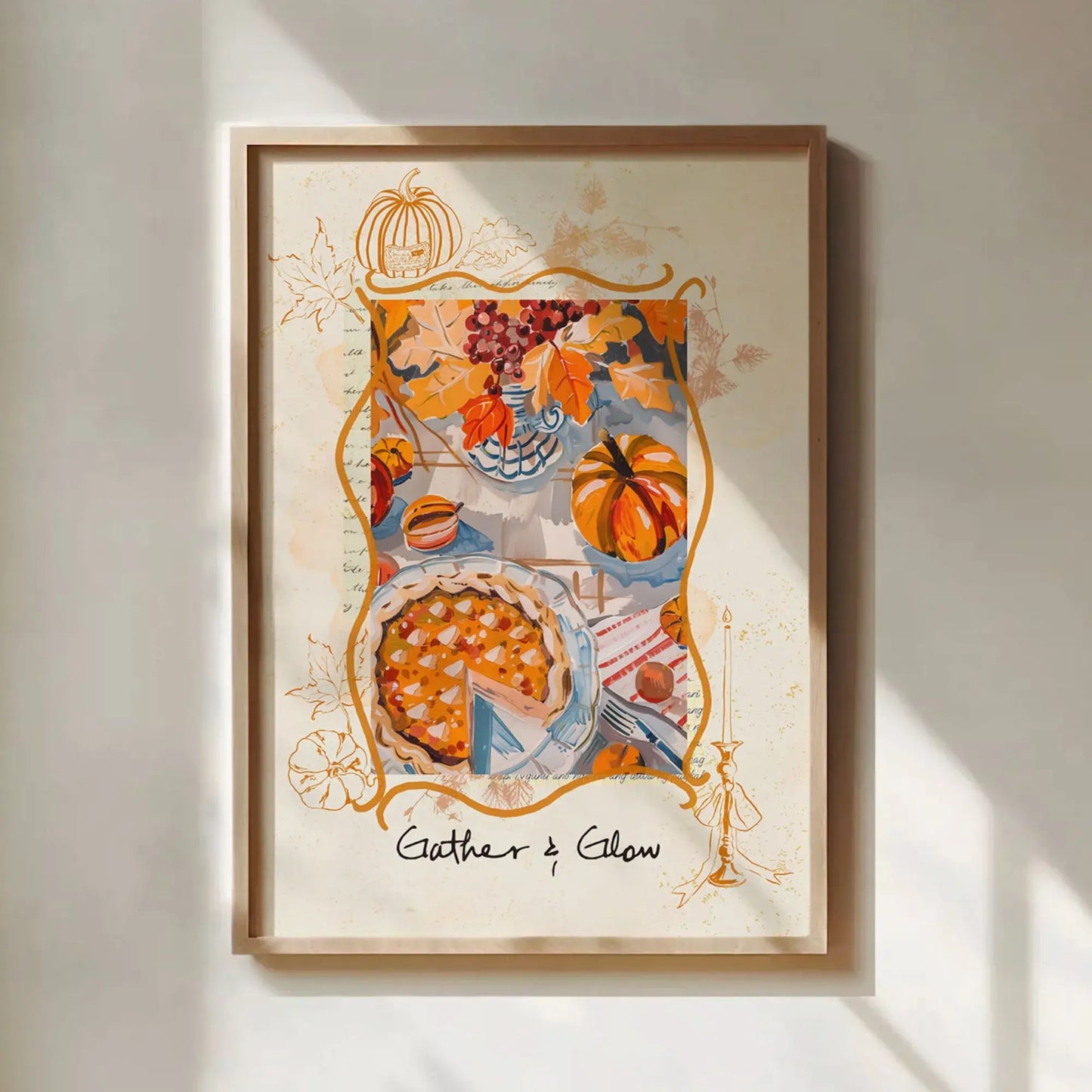 Thanksgiving autumnal wall art poster with pumpkins, pie and fall leaves – matte finish seasonal print in wooden frame