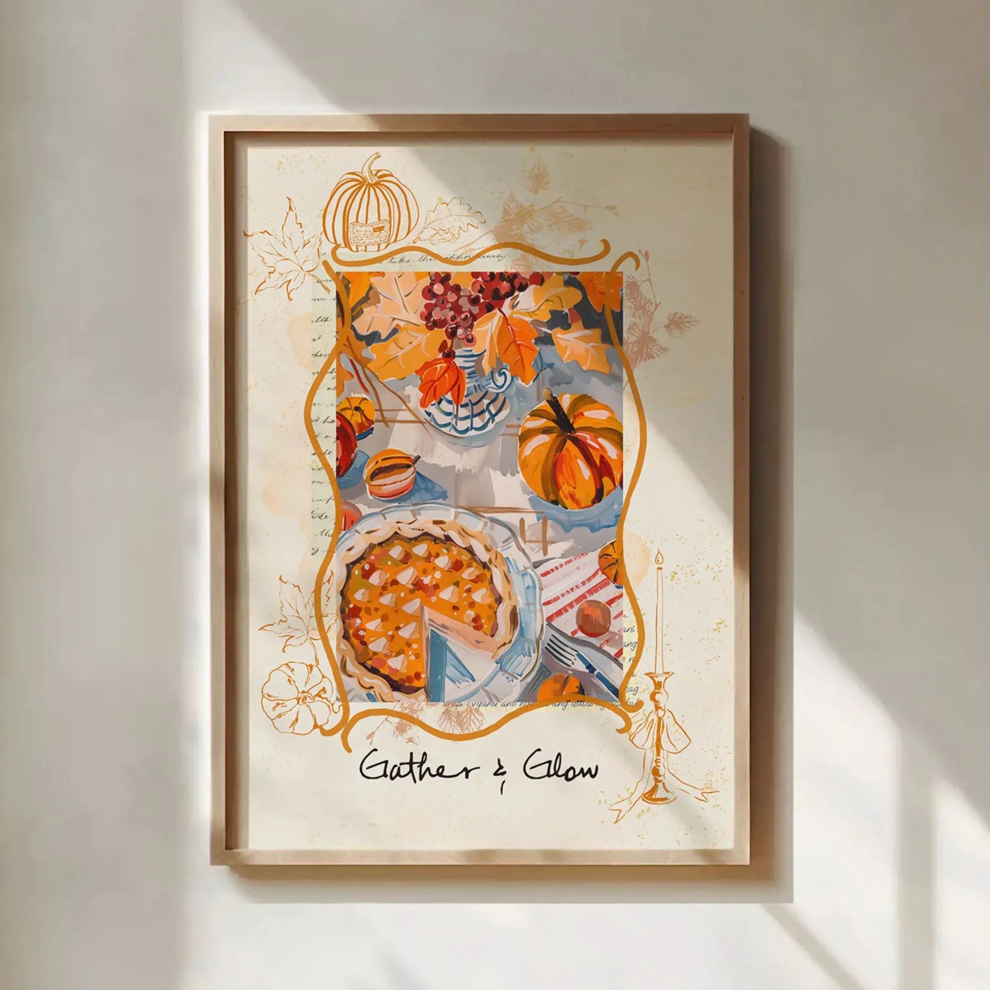 Thanksgiving autumnal wall art poster with pumpkins, pie and fall leaves – matte finish seasonal print in wooden frame