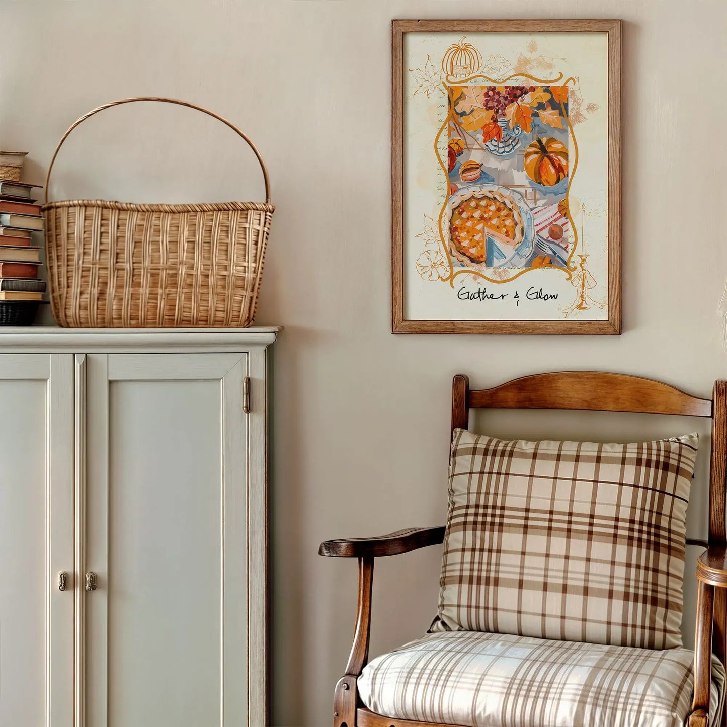 Thanksgiving autumnal wall art in wooden frame – rustic fall decor styled with plaid chair, basket, and cabinet