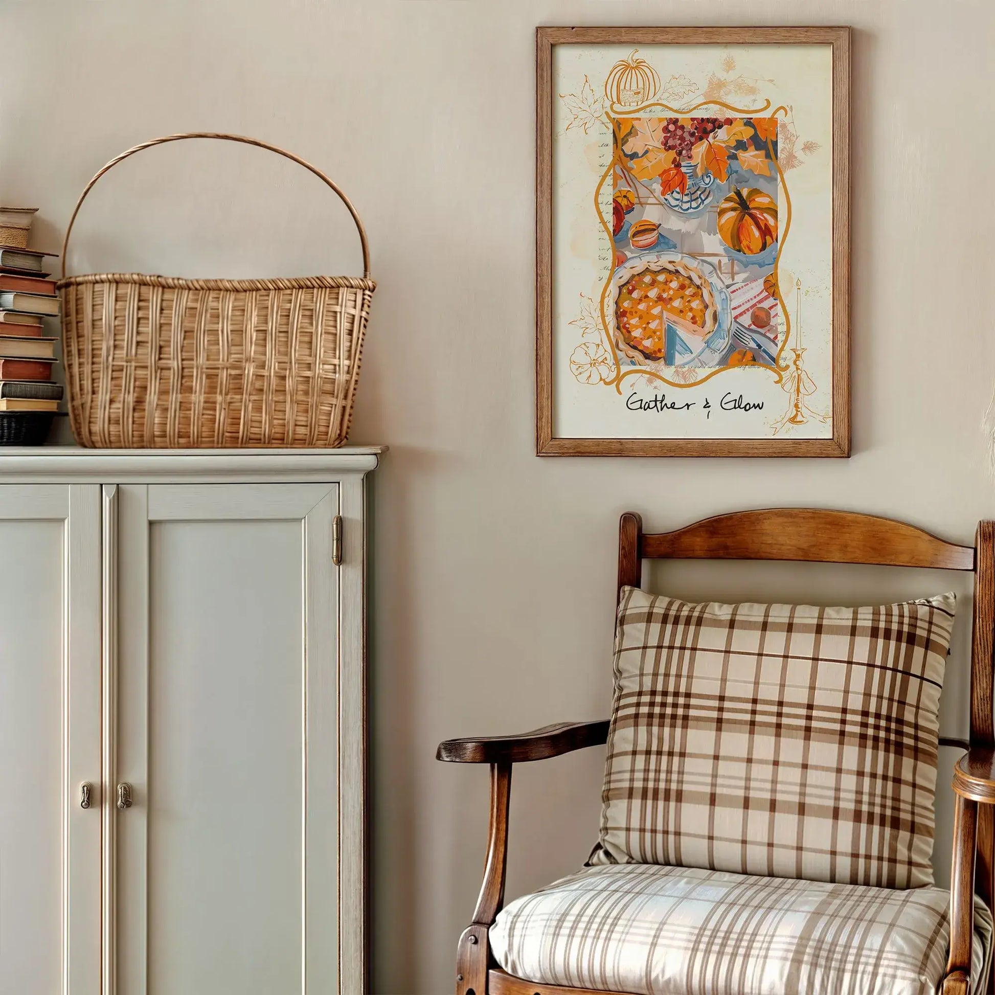 Thanksgiving autumnal wall art in wooden frame – rustic fall decor styled with plaid chair, basket, and cabinet