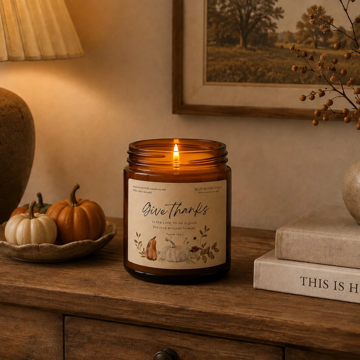 Give Thanks Soy Scented Candle, Soy Candle 4 oz 9 oz, Amber Jar with Black Lid