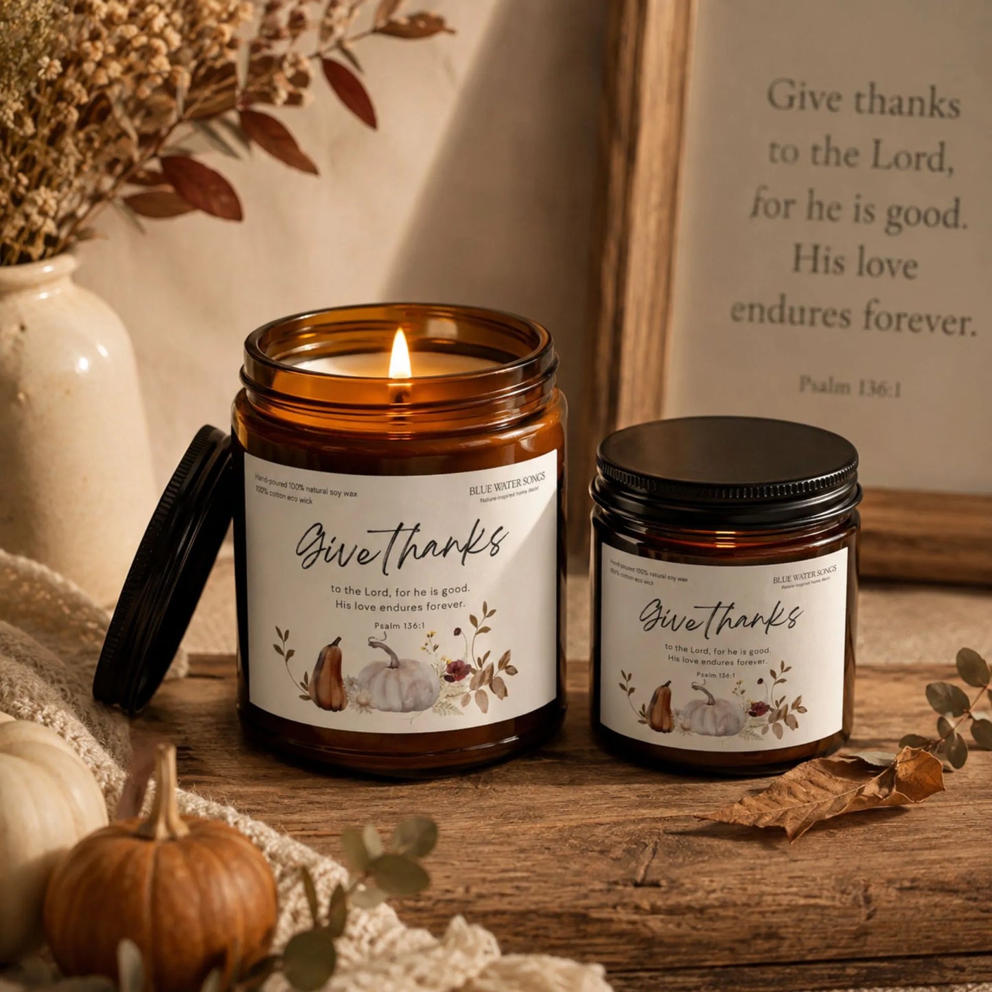 Give Thanks Soy Scented Candle, Soy Candle 4 oz 9 oz, Amber Jar with Black Lid