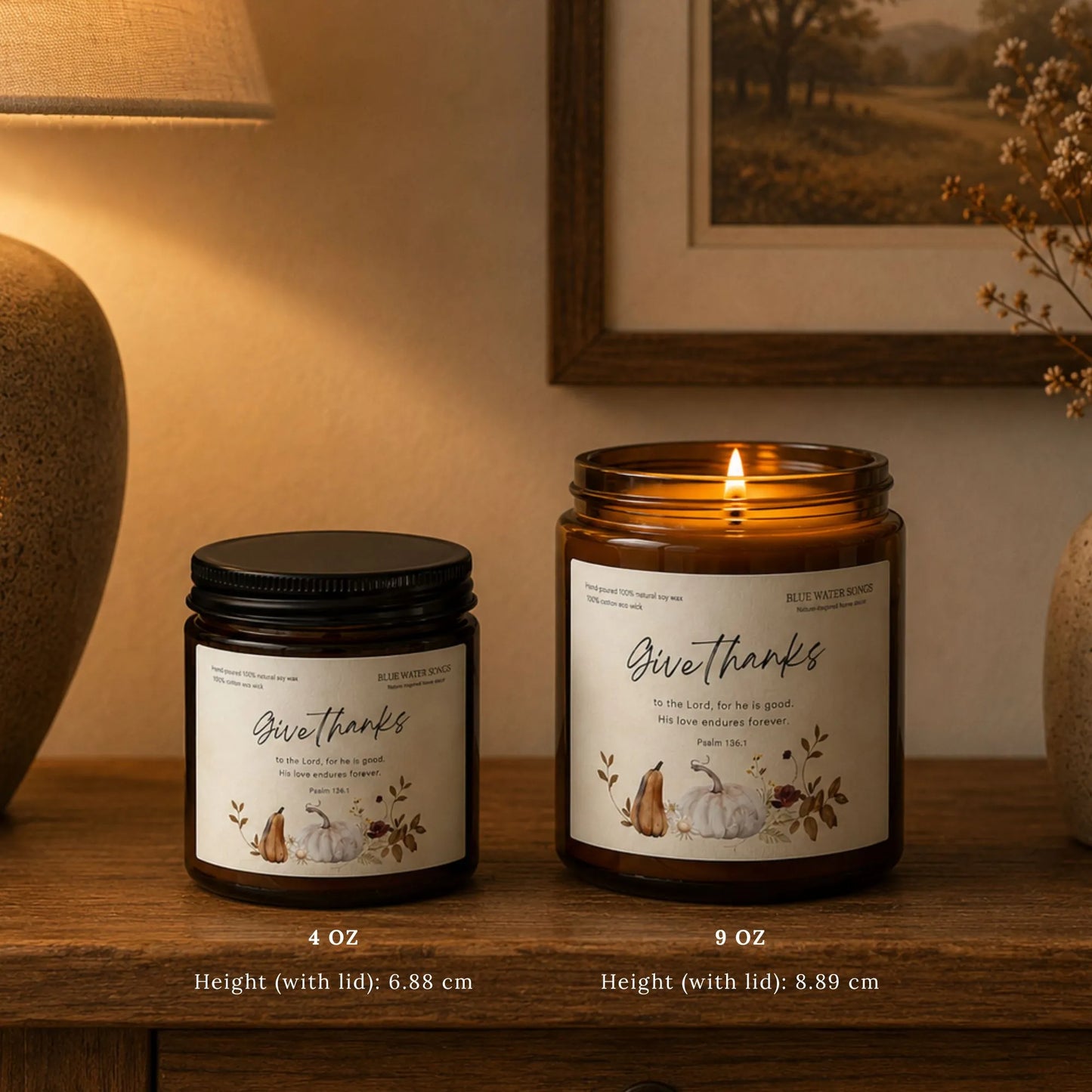 Give Thanks Soy Scented Candle, Soy Candle 4 oz 9 oz, Amber Jar with Black Lid