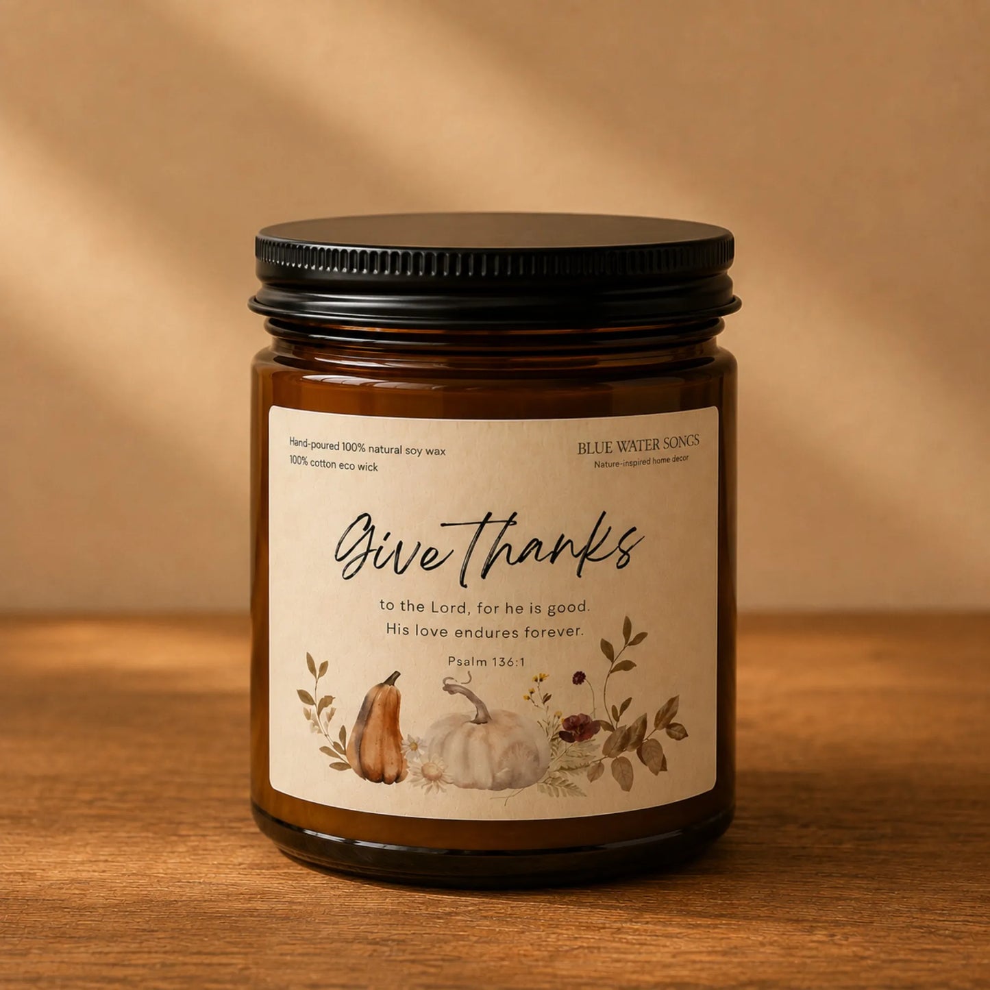 Give Thanks Soy Scented Candle, Soy Candle 4 oz 9 oz, Amber Jar with Black Lid