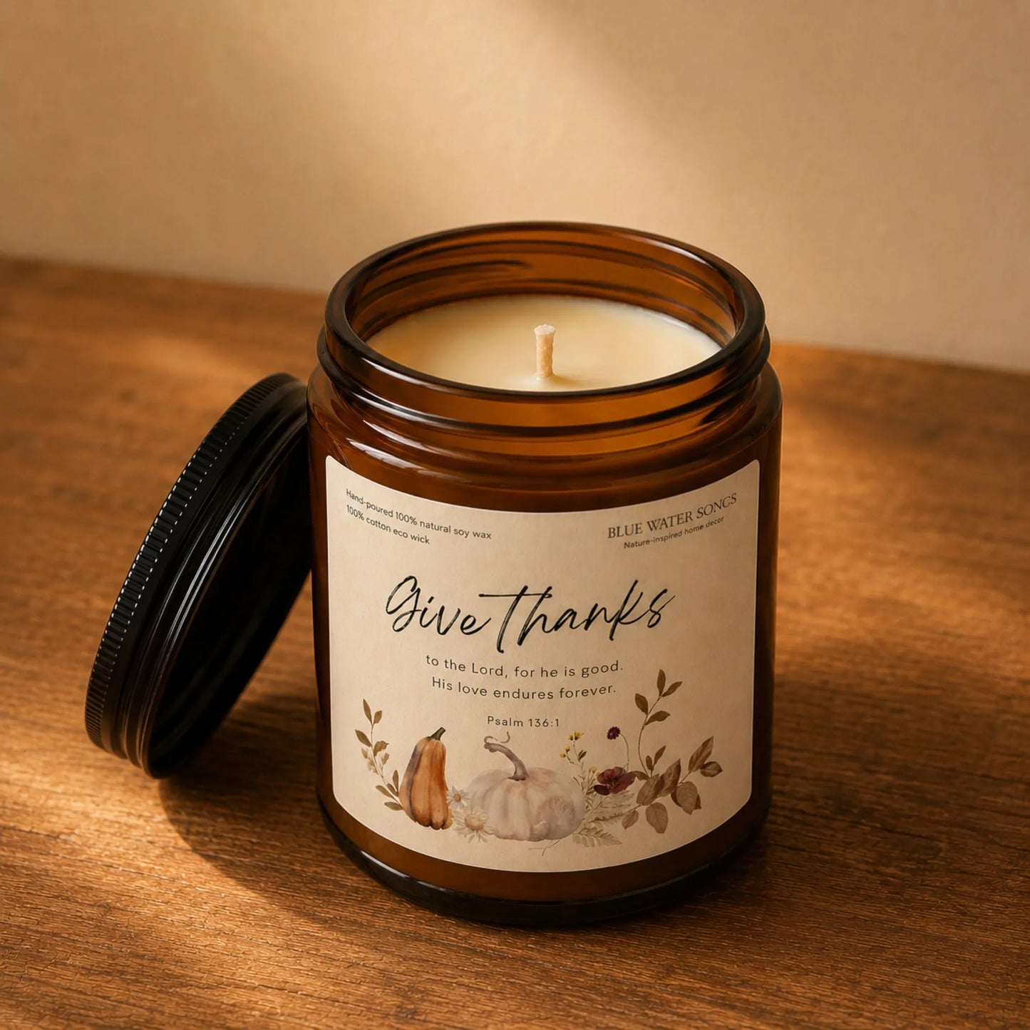 Give Thanks Soy Scented Candle, Soy Candle 4 oz 9 oz, Amber Jar with Black Lid