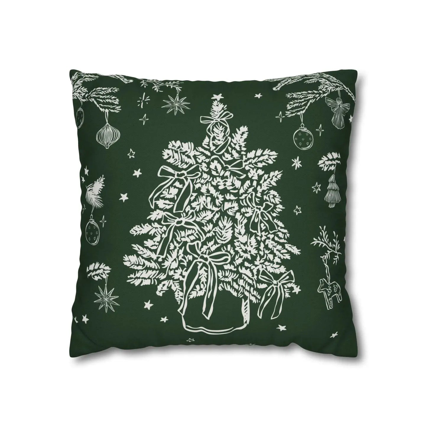 Vintage Christmas Tree Pillow Cover with green botanical design on dark background