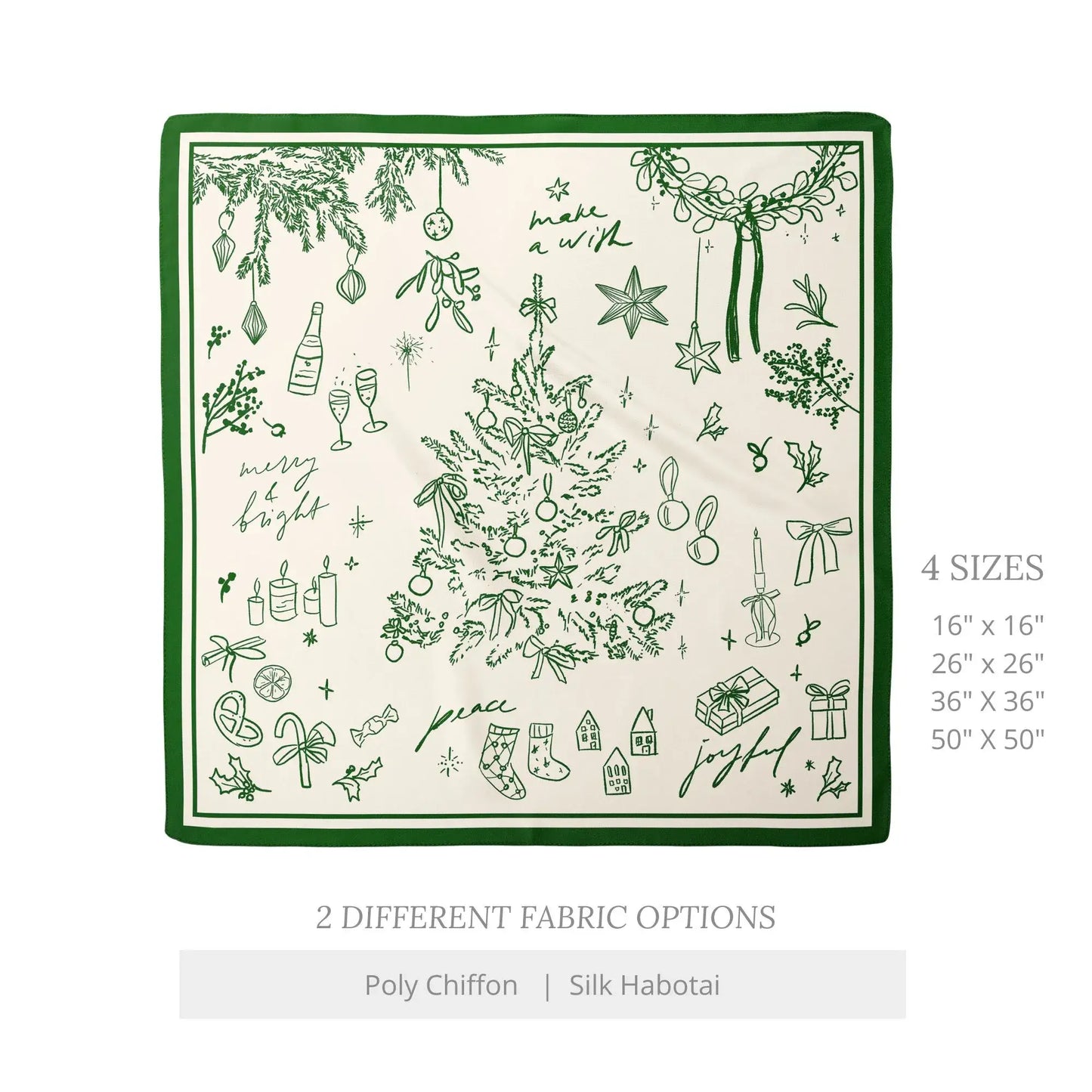Green Christmas Silk Scarf flat lay showing full hand-drawn holiday design with magic vibe elements