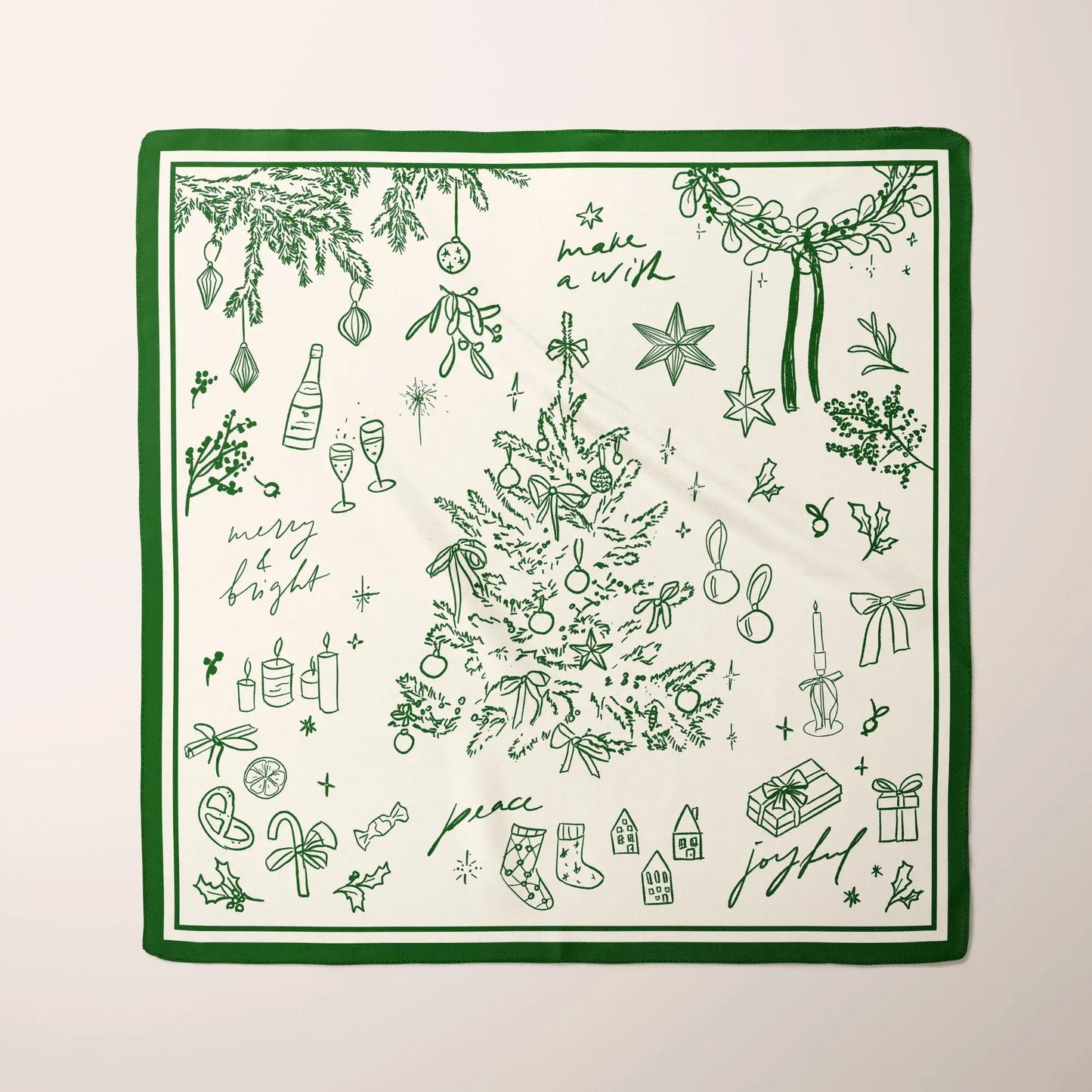 Green Christmas Silk Scarf with festive pine and ornament pattern on soft ivory background