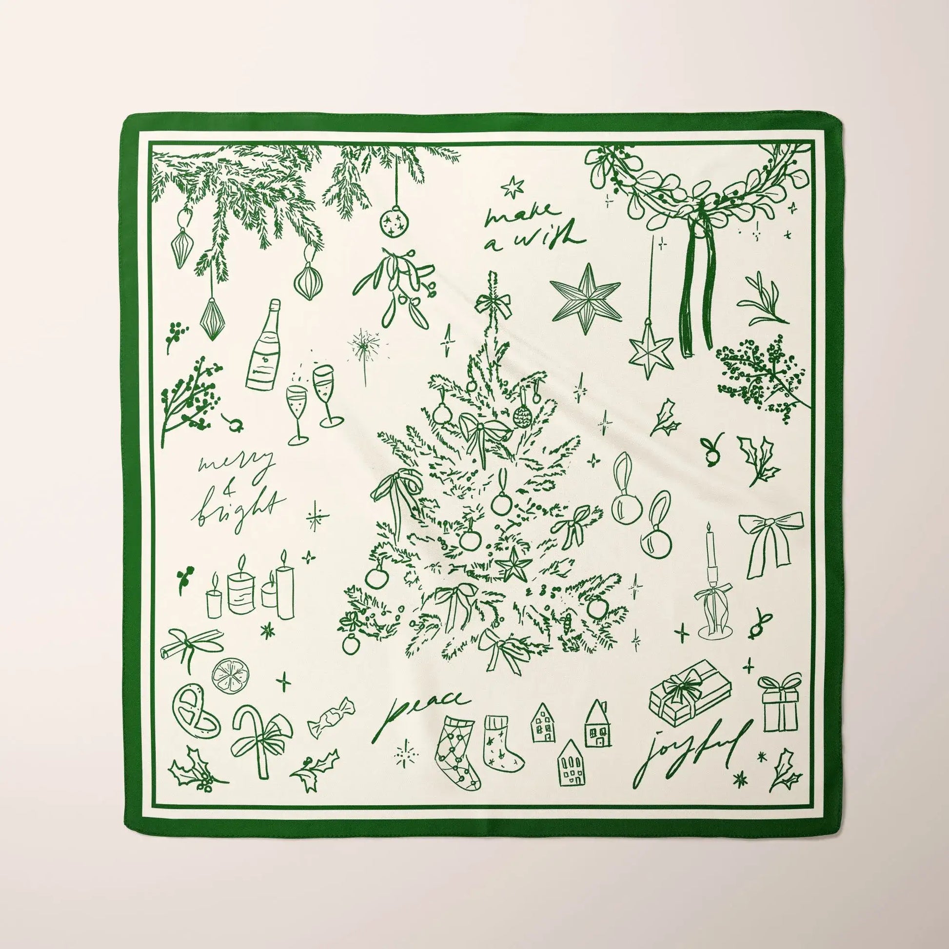 Green Christmas Silk Scarf with festive pine and ornament pattern on soft ivory background