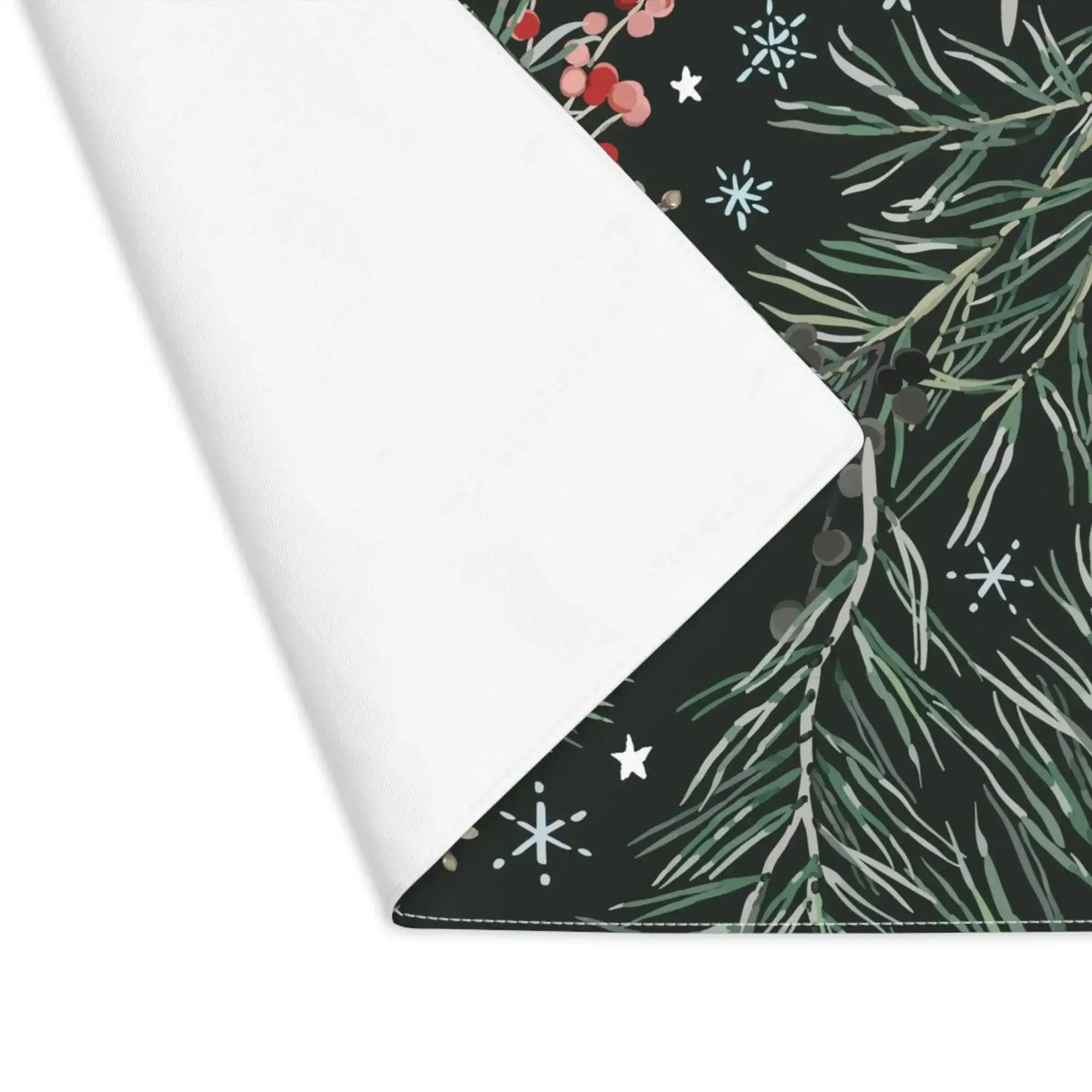 Green Pine and Berry Winter Botanical Placemats featuring pine branches and berries on a festive background.