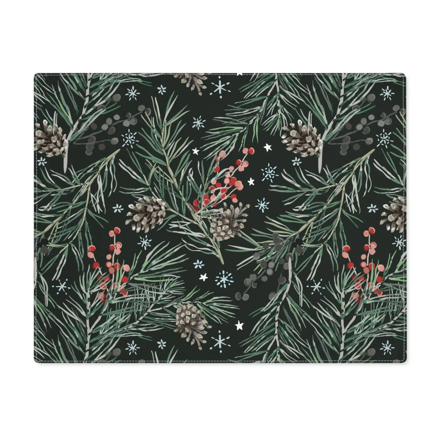 Green Pine and Berry Winter Botanical Placemats featuring lush pine branches and red berries on a dark background.