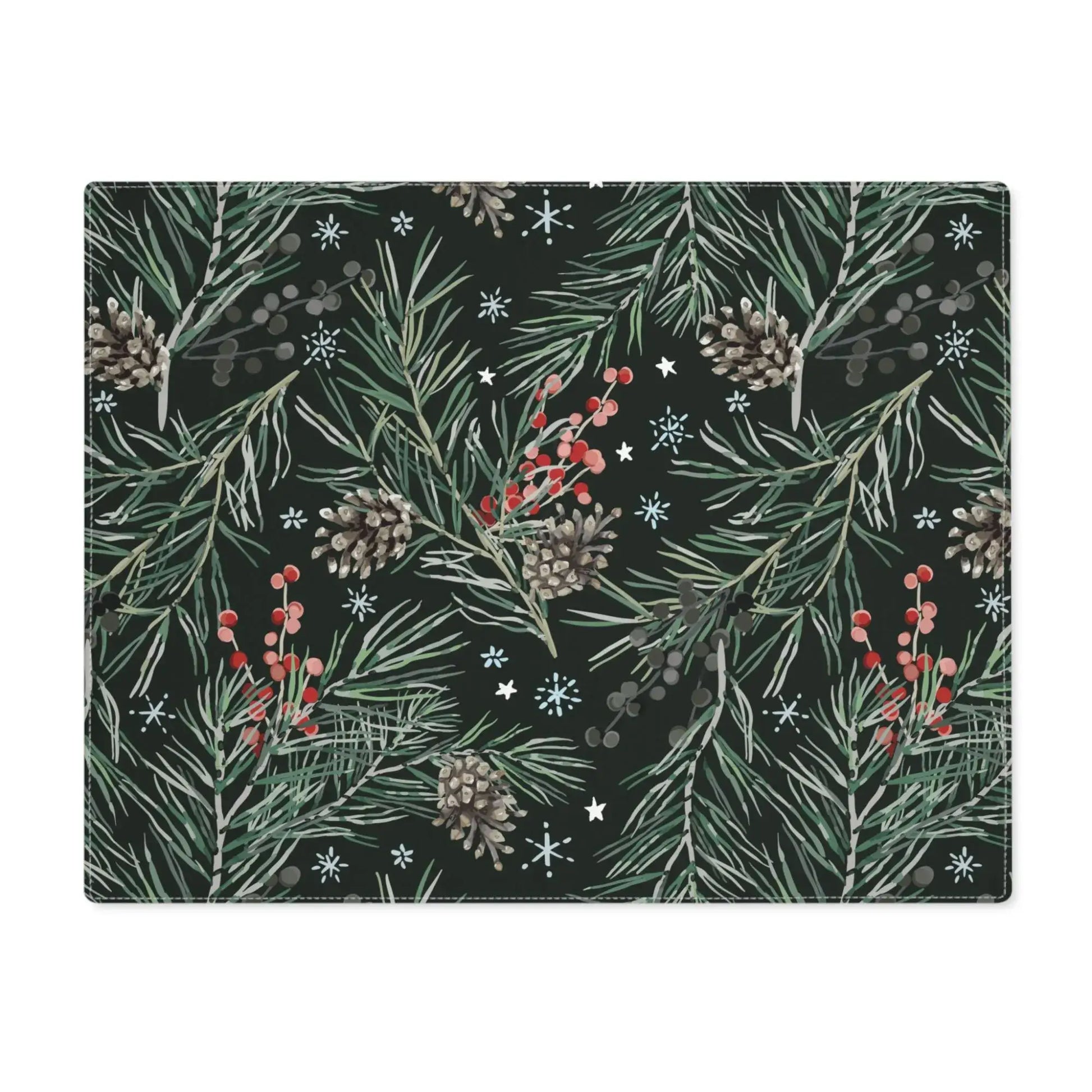 Green Pine and Berry Winter Botanical Placemats featuring lush pine branches and red berries on a dark background.