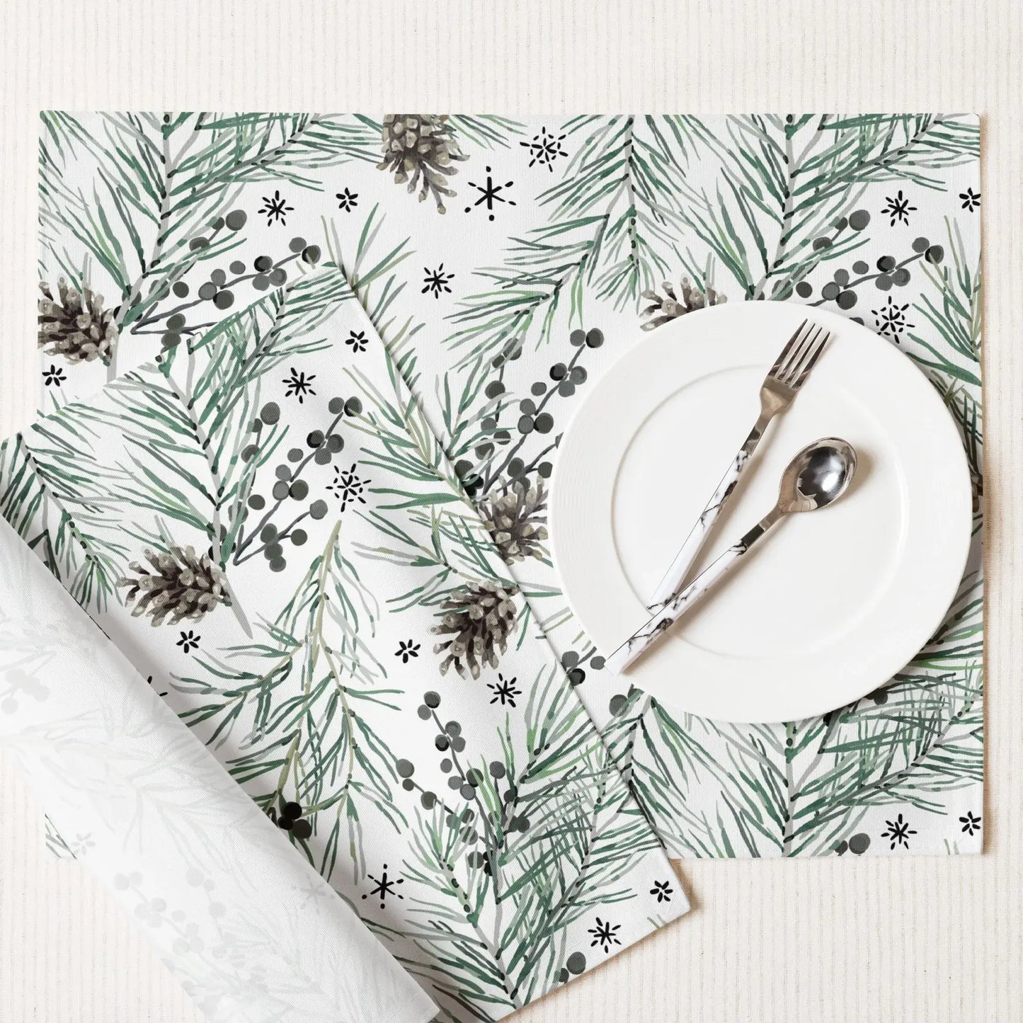 Green Pine and Berry Winter Botanical Placemats featuring pine branches and berries, perfect for festive table settings.