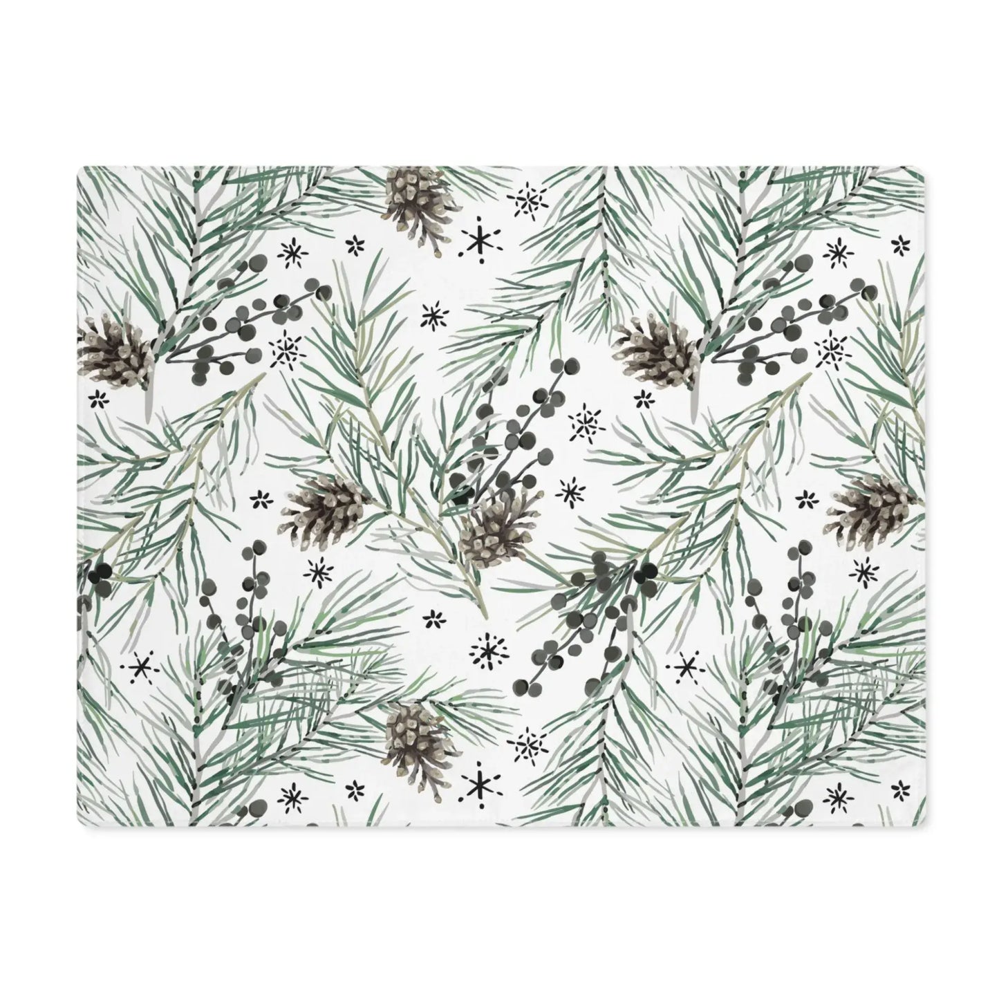 Green Pine and Berry Winter Botanical Placemats featuring pine branches and berries for festive table decor.