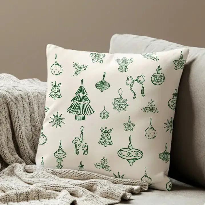 Hand-Drawn Ornament Christmas Pillow in Nordic style sofa
