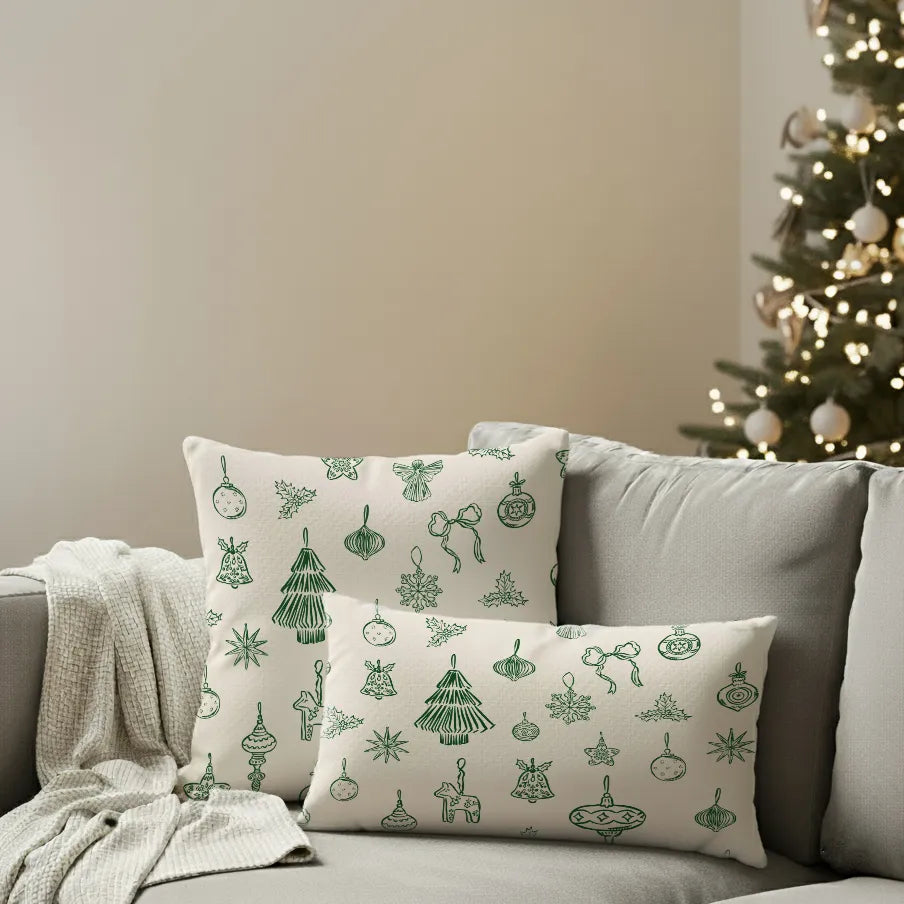 Green Hand-Drawn Ornament Christmas Pillow in Nordic living room