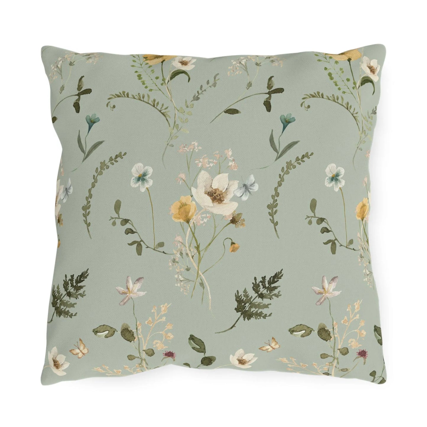 Watercolor wildflowers outdoor pillow with sage green background, UV ray and water resistant, botanical decor for spring and summer patios.