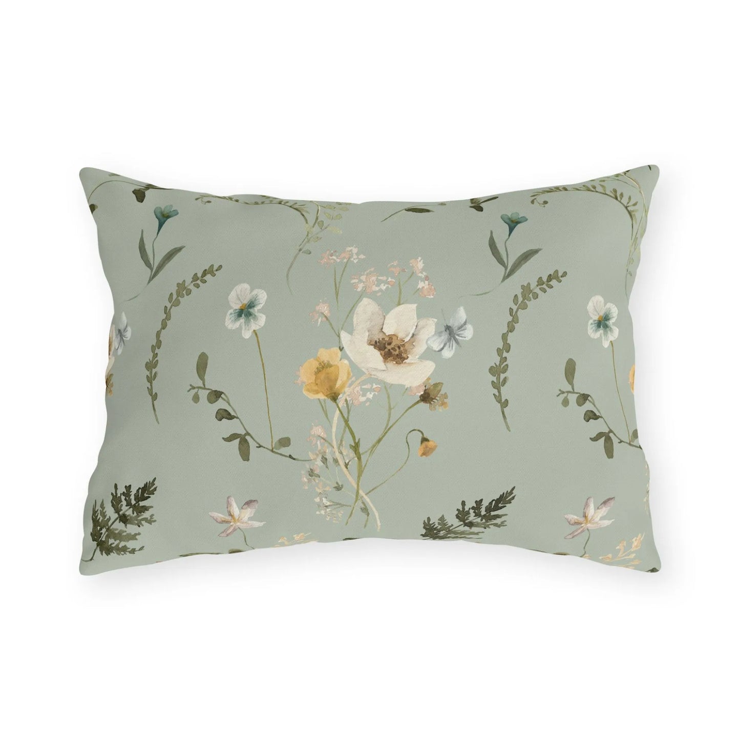 Botanical outdoor pillow with watercolor wildflowers on sage green background, UV ray and water resistant, rectangular spring patio cushion.