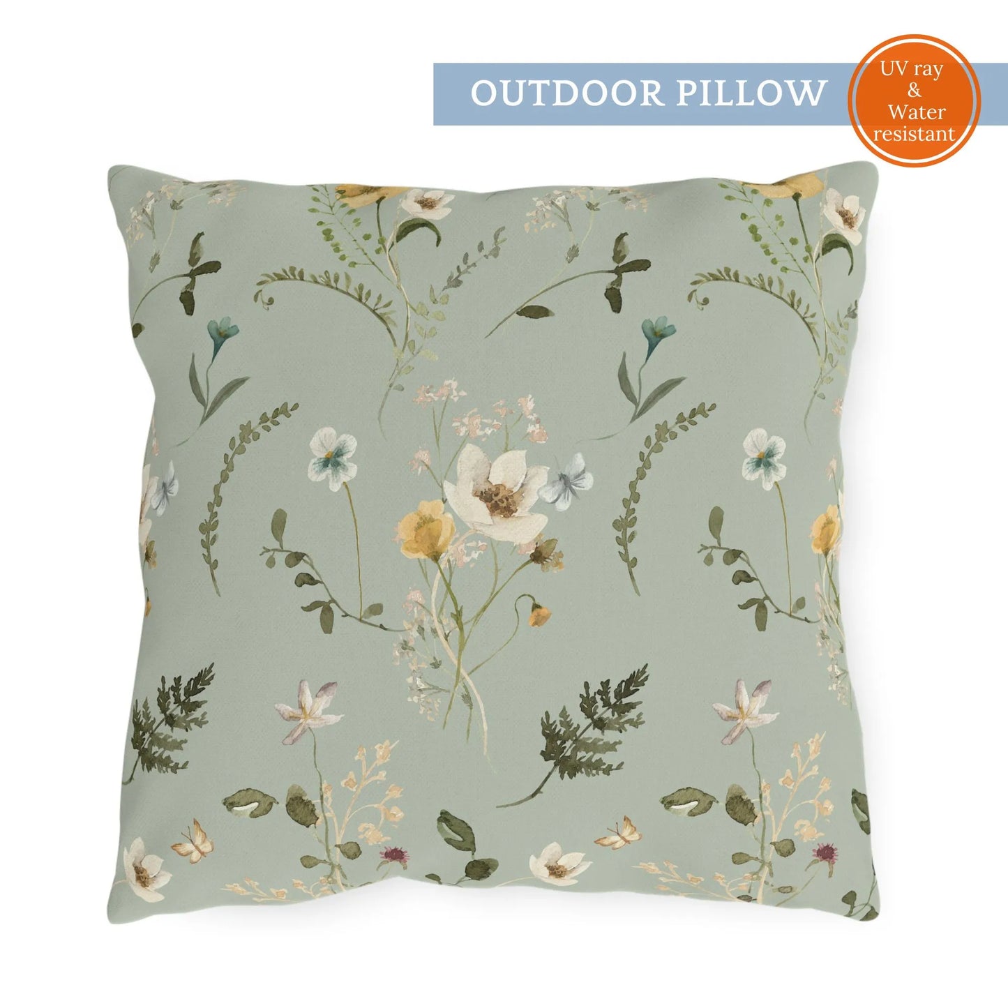 Sage green outdoor pillow featuring watercolor wildflowers, UV ray and water resistant, nature-inspired spring decor.