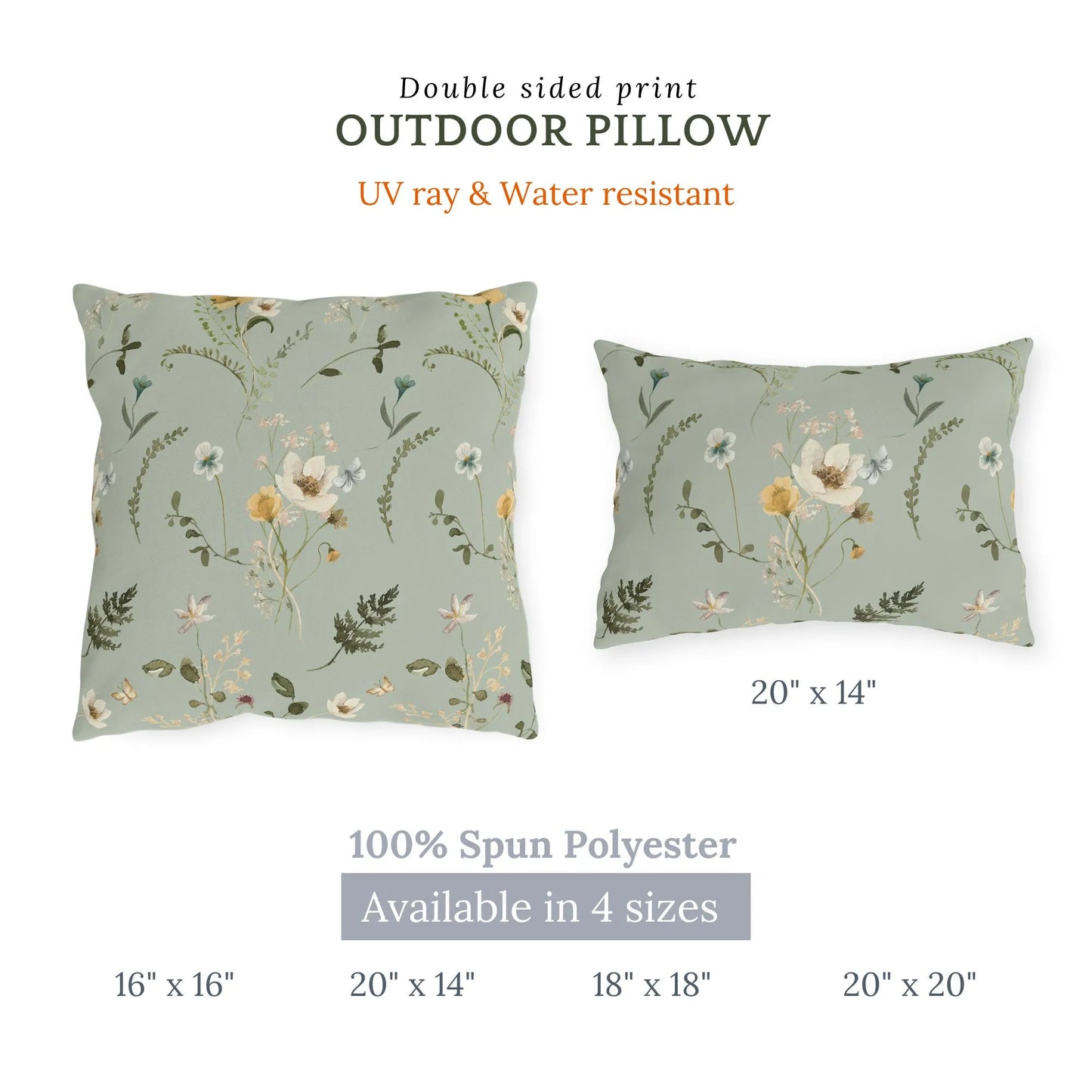 Sage green outdoor pillows with watercolor wildflowers, UV ray and water resistant, available in 4 sizes, double-sided print, spun polyester fabric.