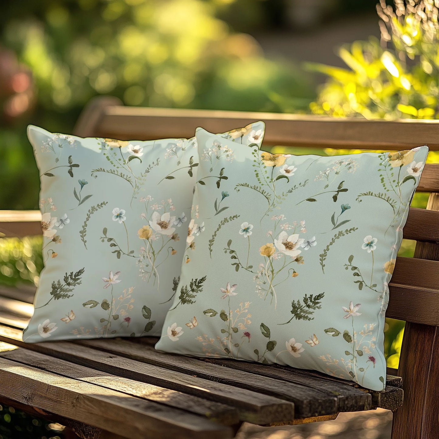 Pair of sage green outdoor pillows with watercolor wildflowers on wooden bench, UV ray and water resistant, botanical spring patio decor.