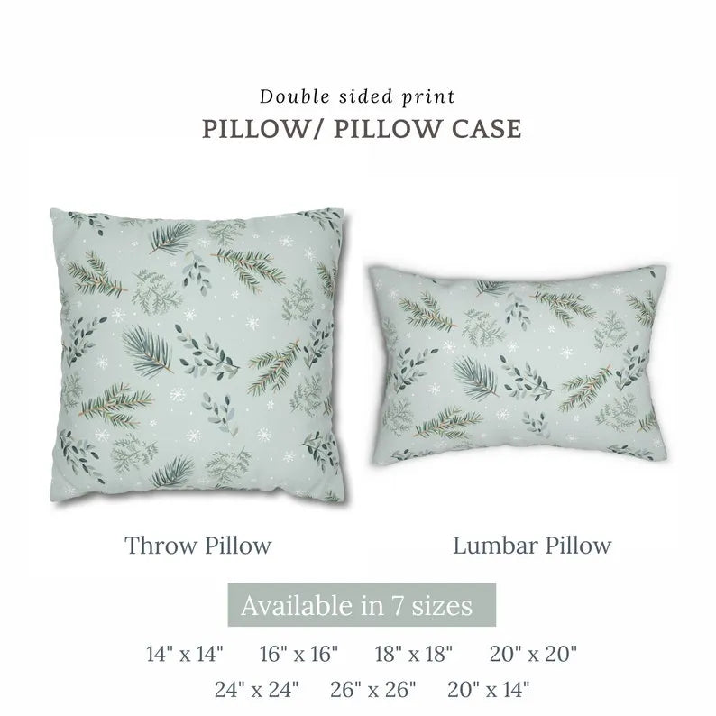 sizes of green pine winter throw pillows from Blue Water Songs
