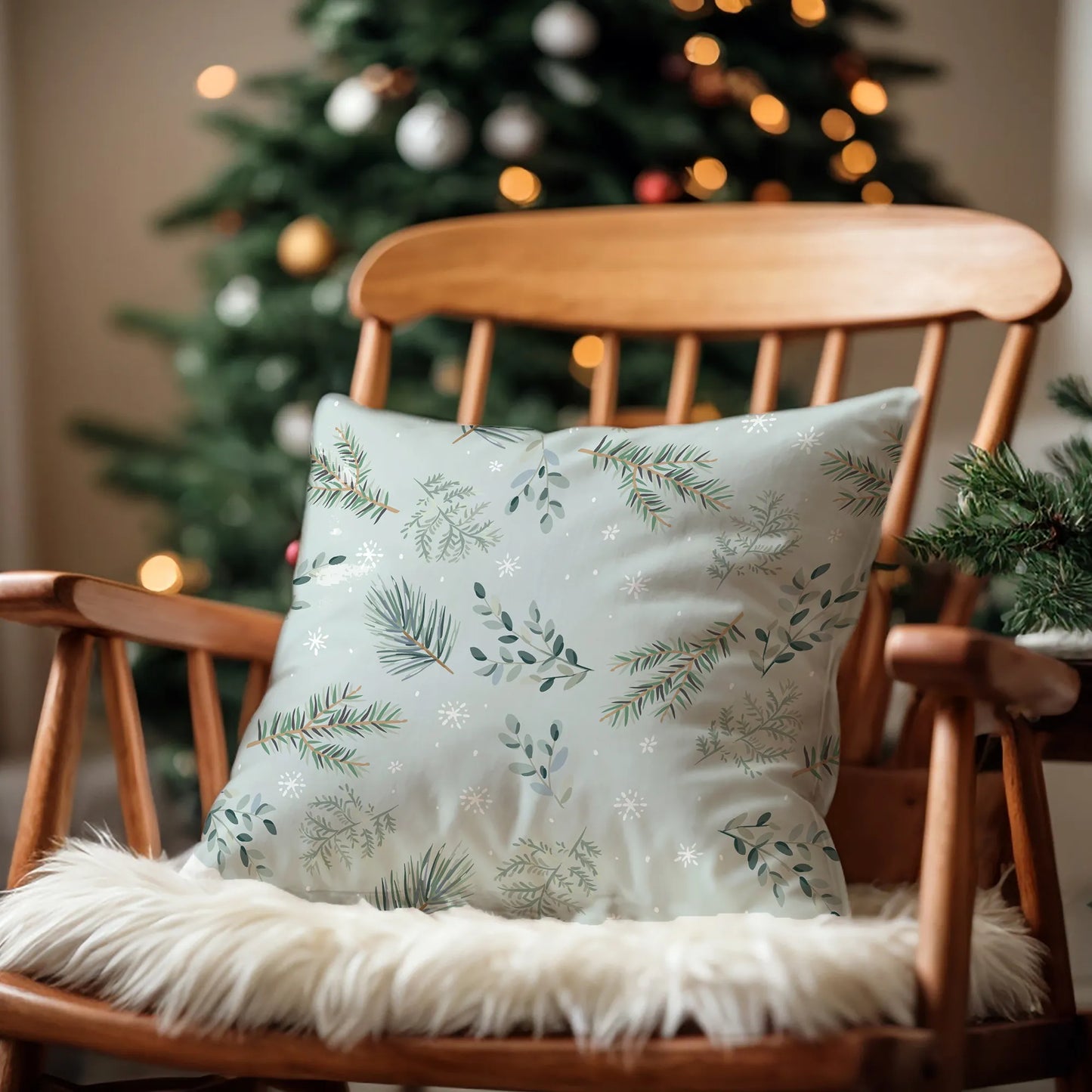 christmas living room with wood chair and Blue Water Songs winter pillow 