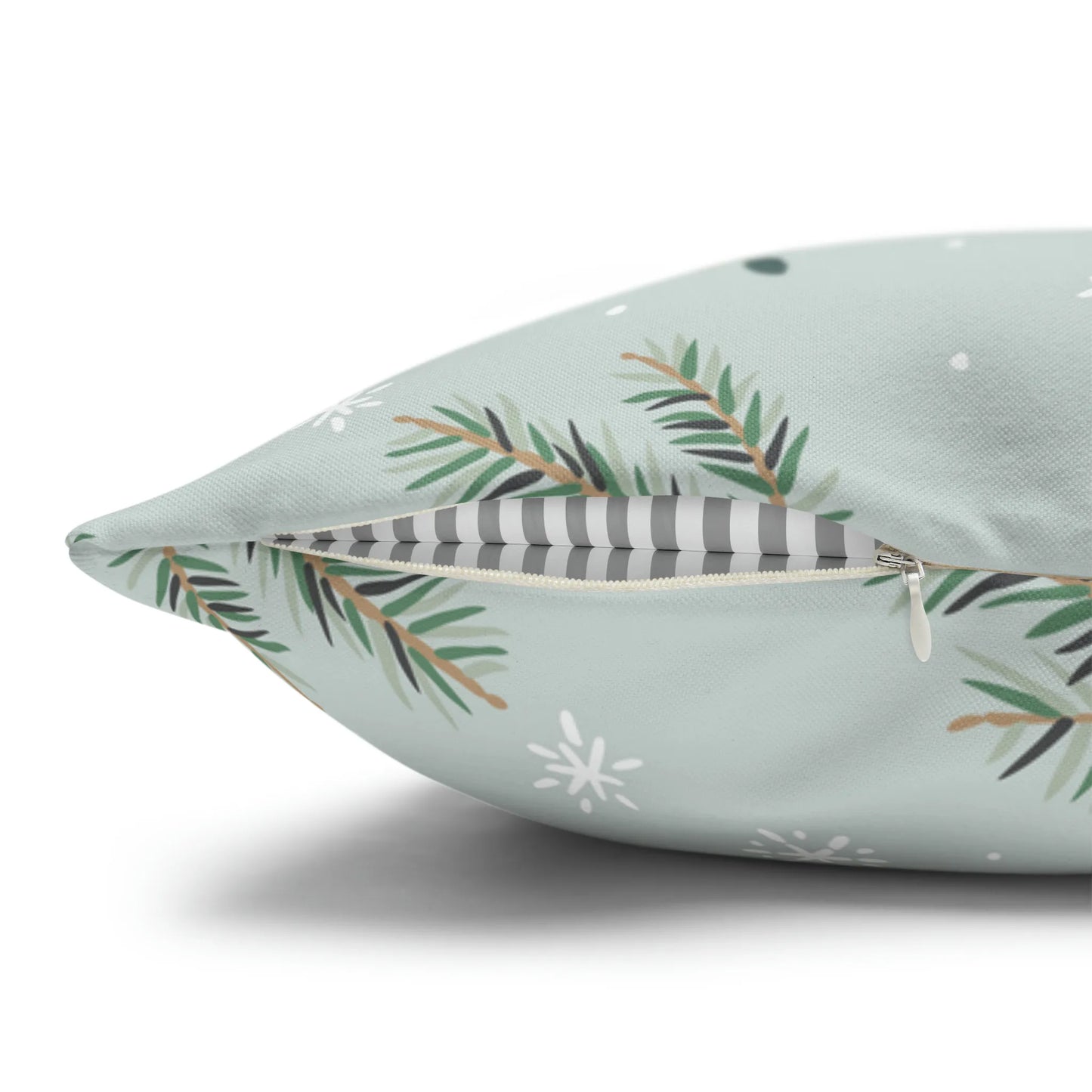 zipper side of green pine winter pillow from Blue Water Songs