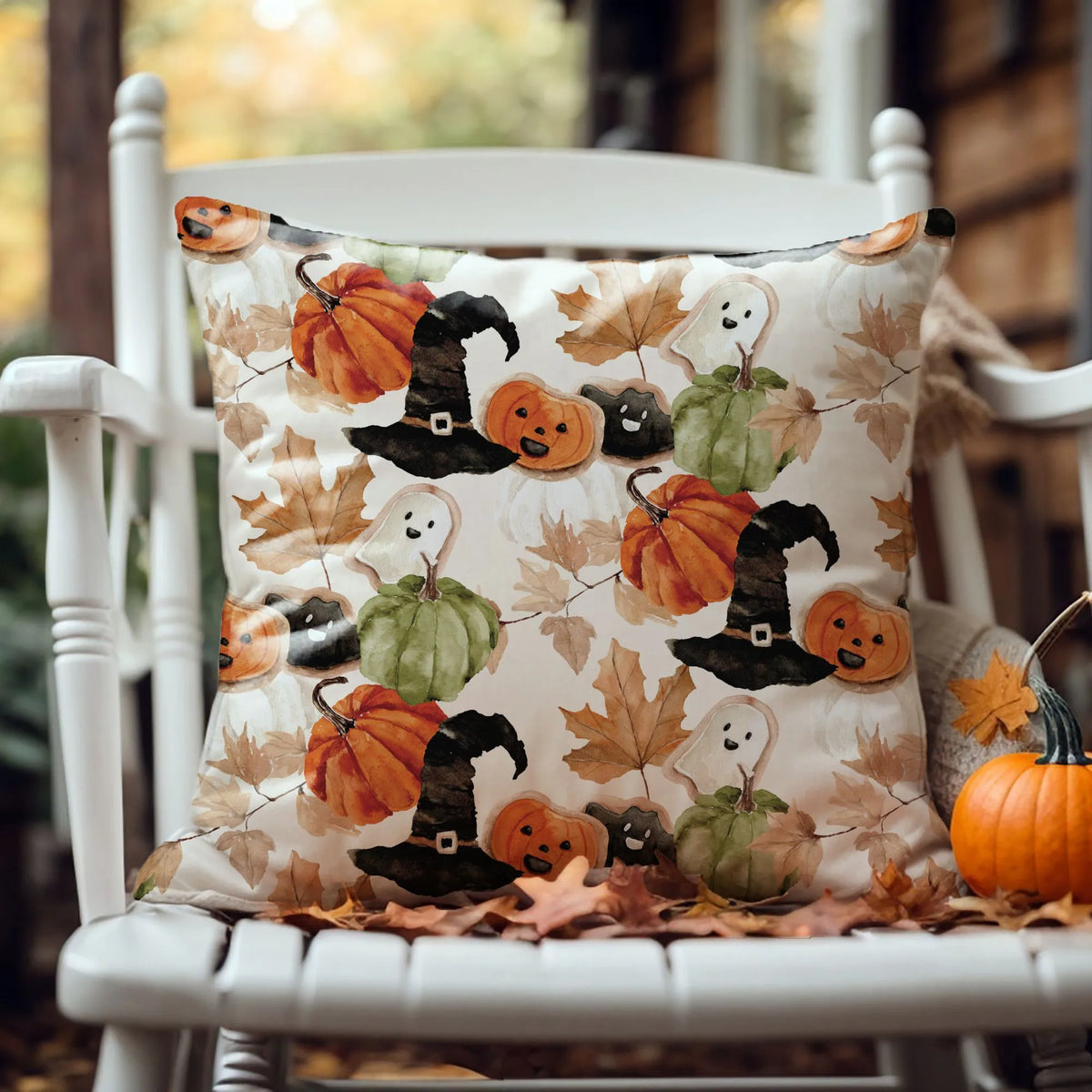 outdoor chair with pumpkin and Watercolor halloween pillow covers from Blue Water Songs 