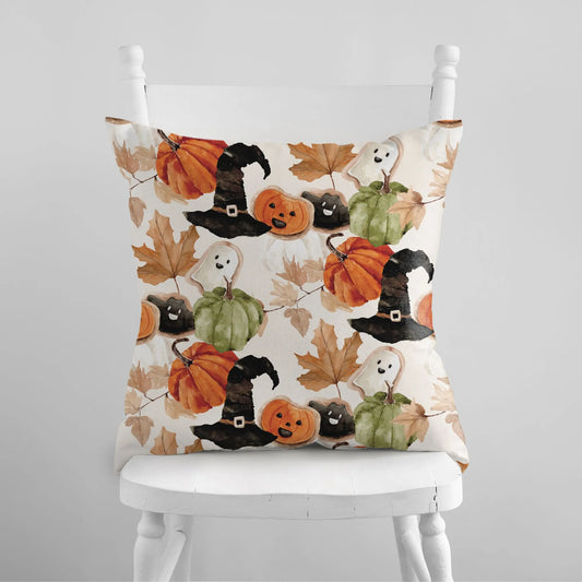 white chair with Watercolor Cute halloween pillow covers from Blue Water Songs on it
