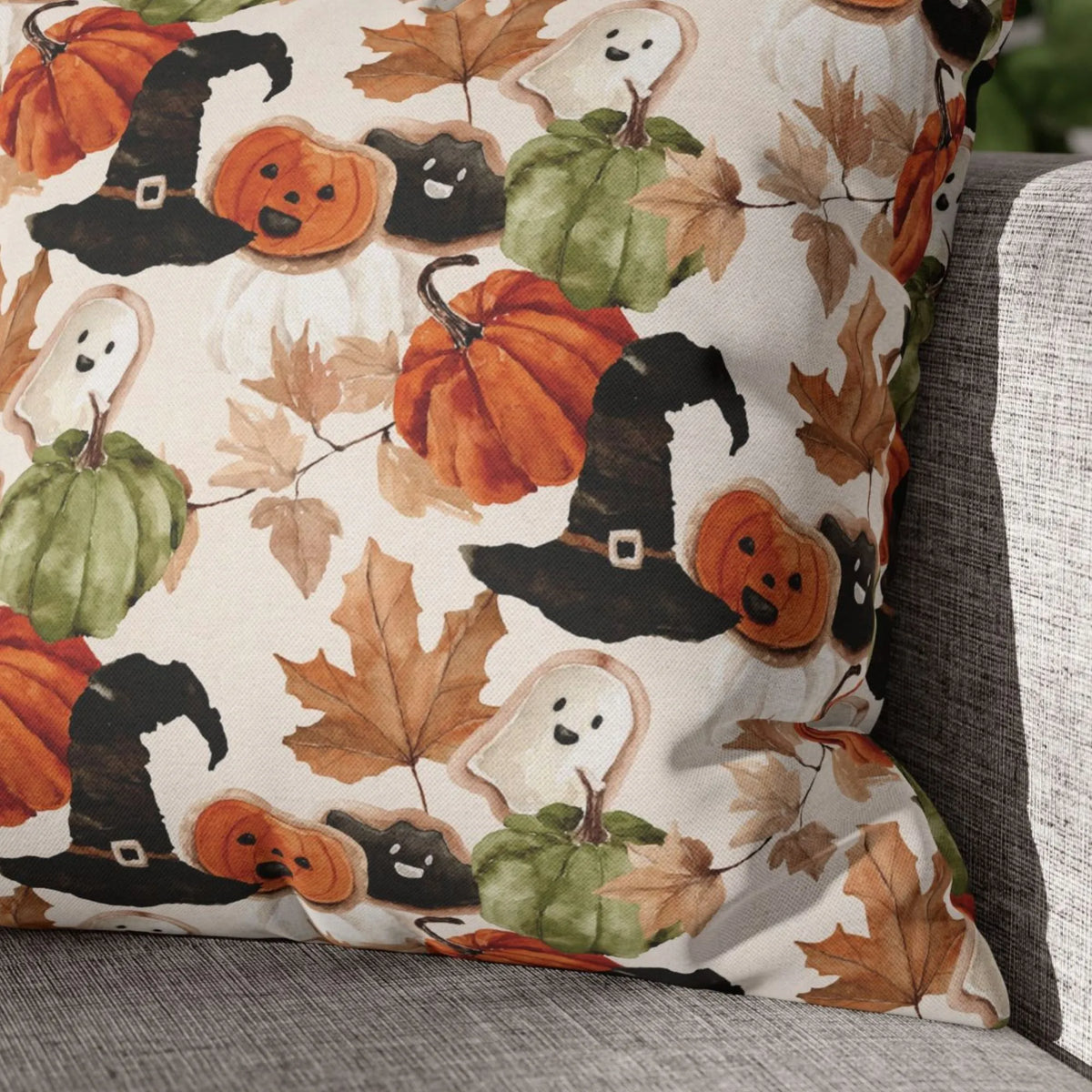 close up of Watercolor Cute halloween pillow covers from Blue Water Songs 