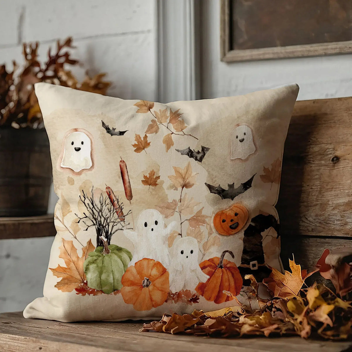 fall decoration with dry leaves and Blue Water Songs Halloween Throw Pillow Covers