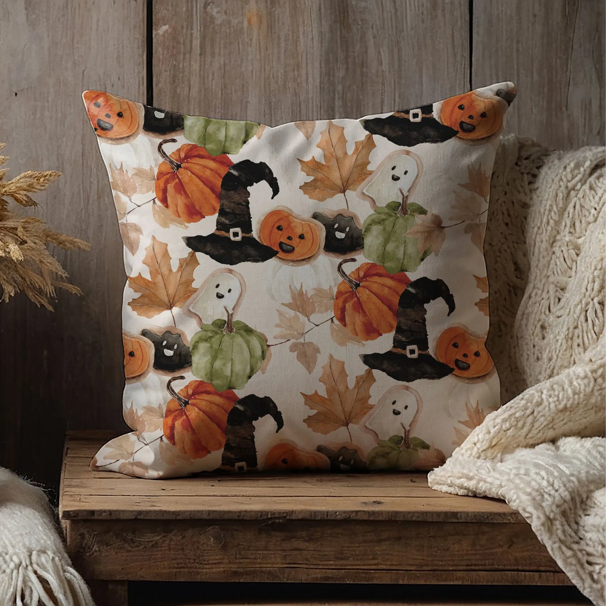 autumn reading corner with Watercolor Cute Halloween Pillow from Blue Water Songs 