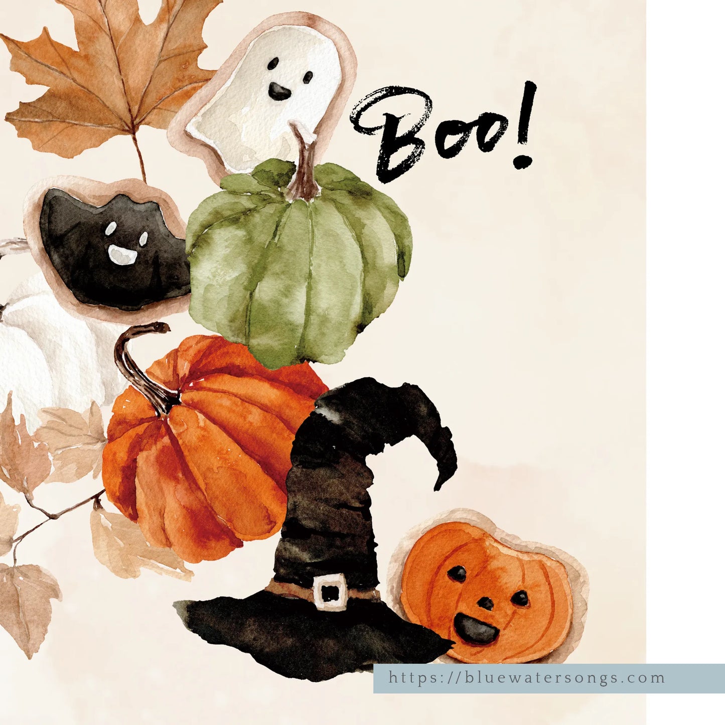 close up of Watercolor Cute Halloween "Boo" Print - DIGITAL DOWNLOAD from Blue Water Songs
