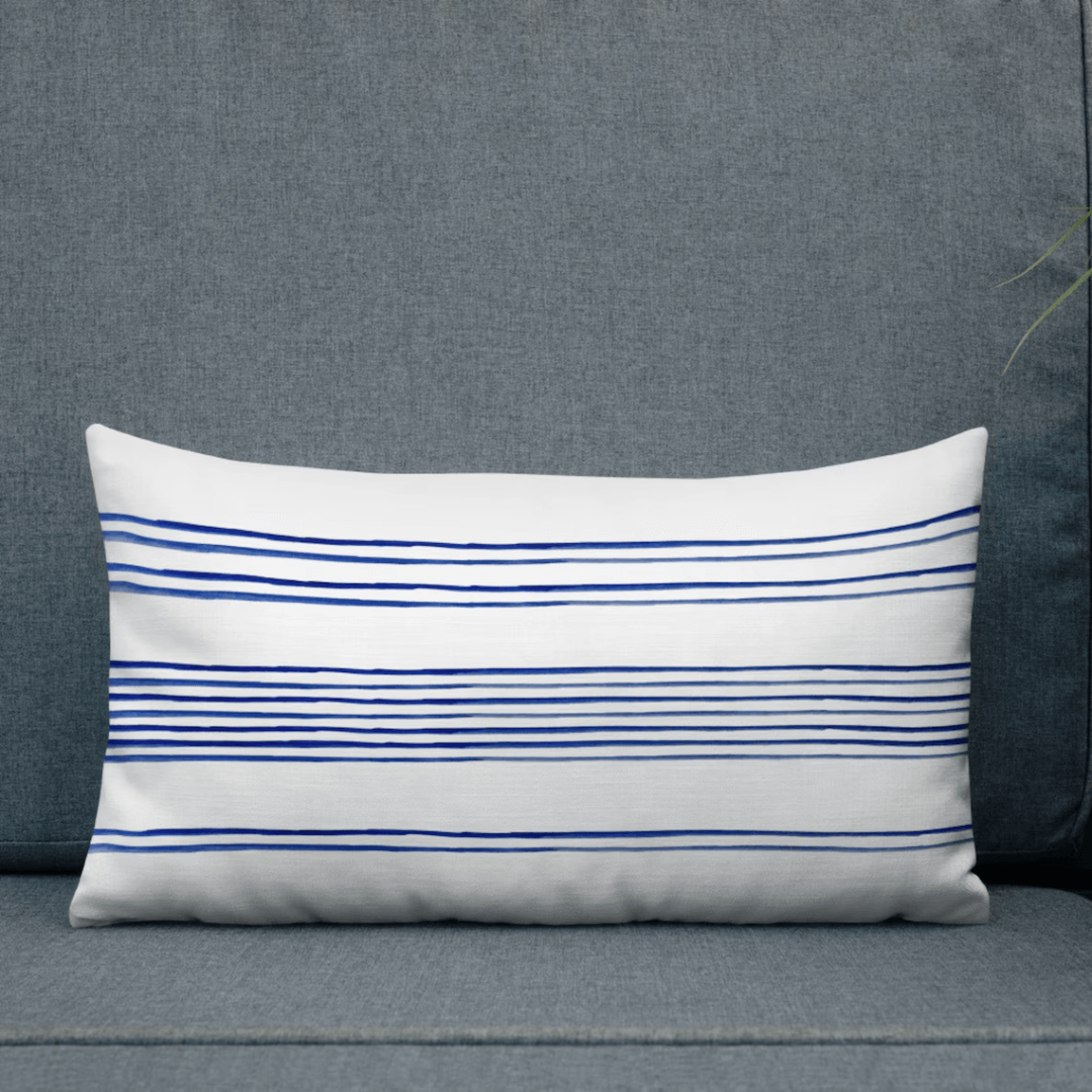Hamptons Striped Pillow – Blue & White Coastal Pillow on a gray couch