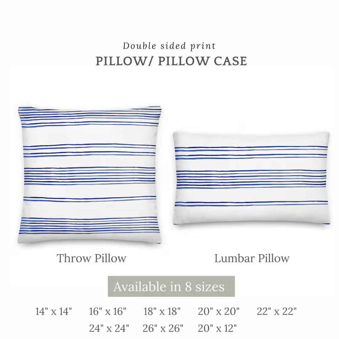 Hamptons Striped Pillow – Blue & White Coastal pillow and pillow case available in 8 sizes.