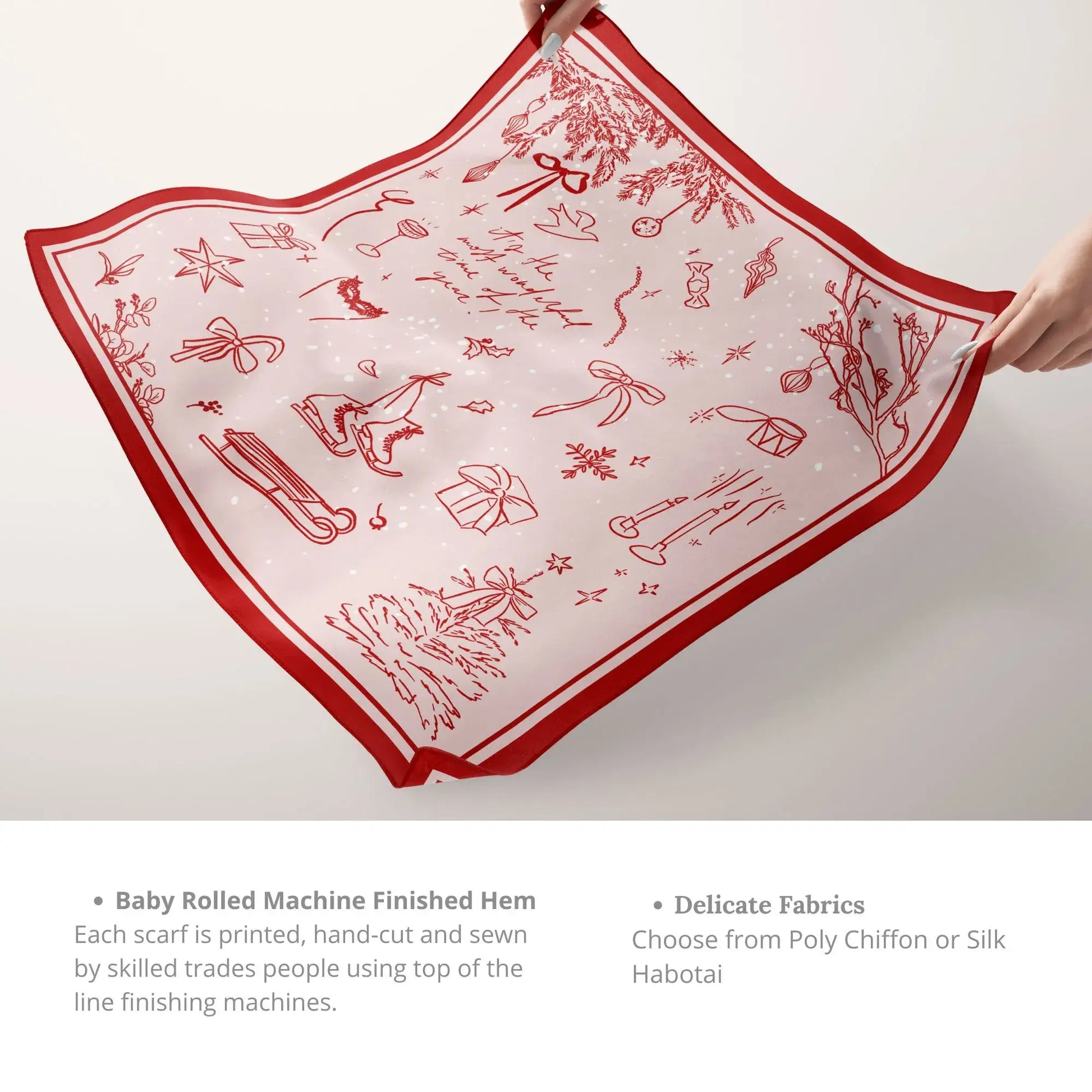 Hand-Drawn Doodle Christmas Scarf showing rolled hem and festive red border, made from silk or chiffon fabric.