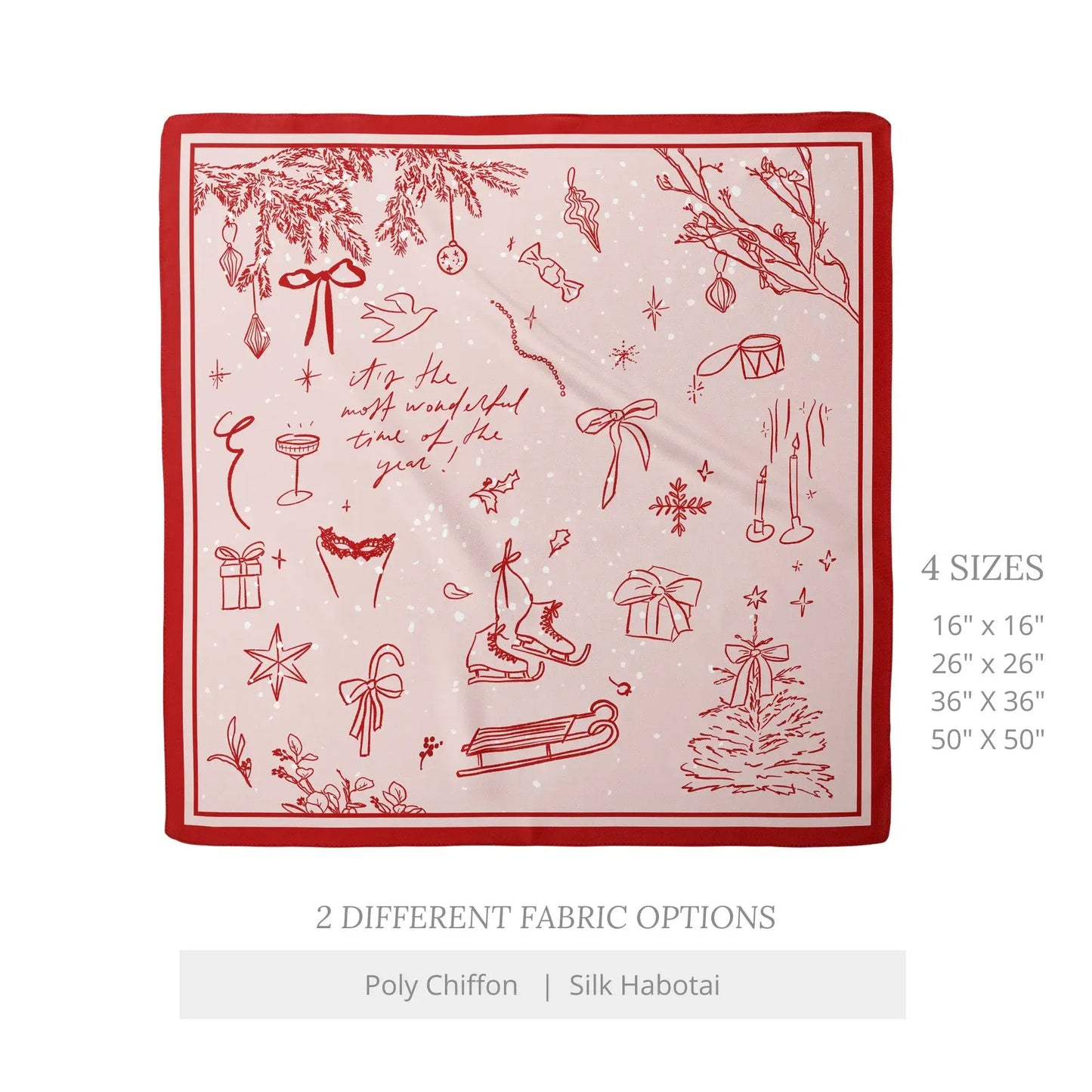 Hand-Drawn Doodle Christmas Scarf in red with “The Most Wonderful Time of the Year” design, available in silk or chiffon.