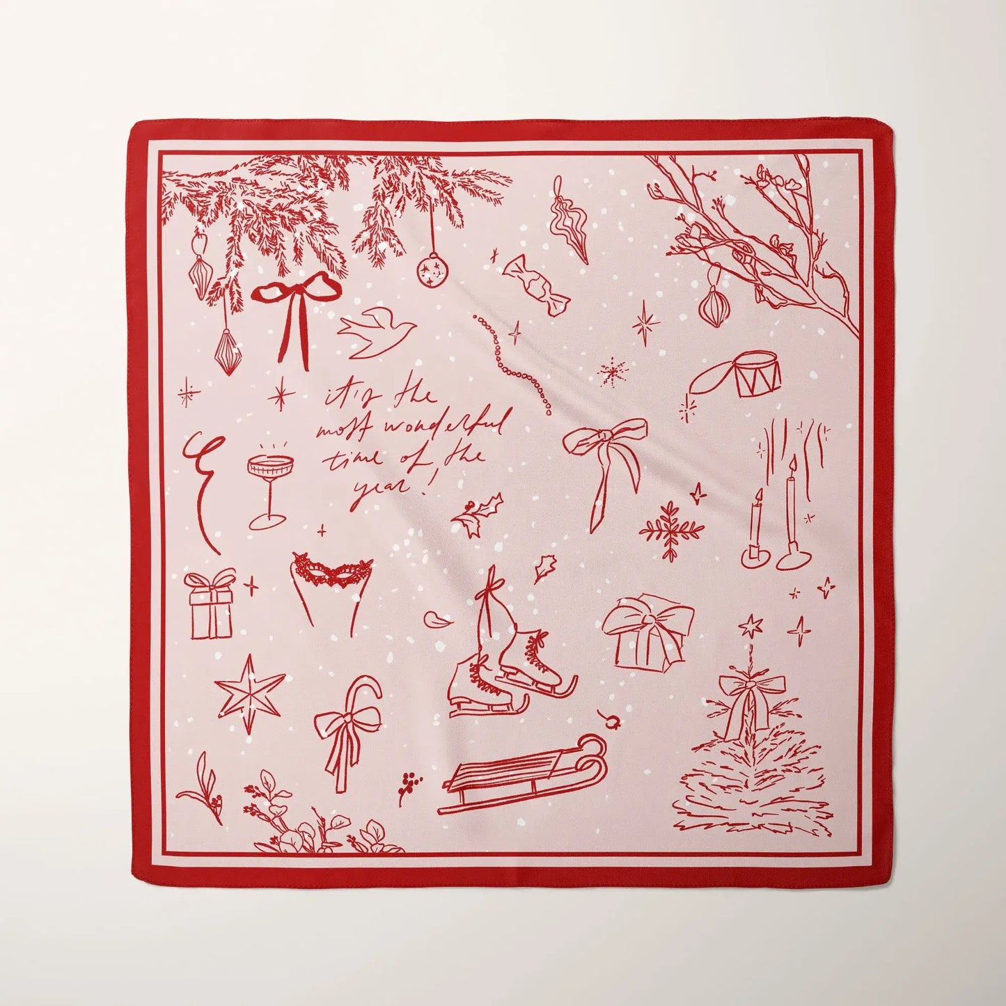 Hand-drawn Doodle Christmas Scarf in red with festive sketches and the phrase “The Most Wonderful Time of the Year