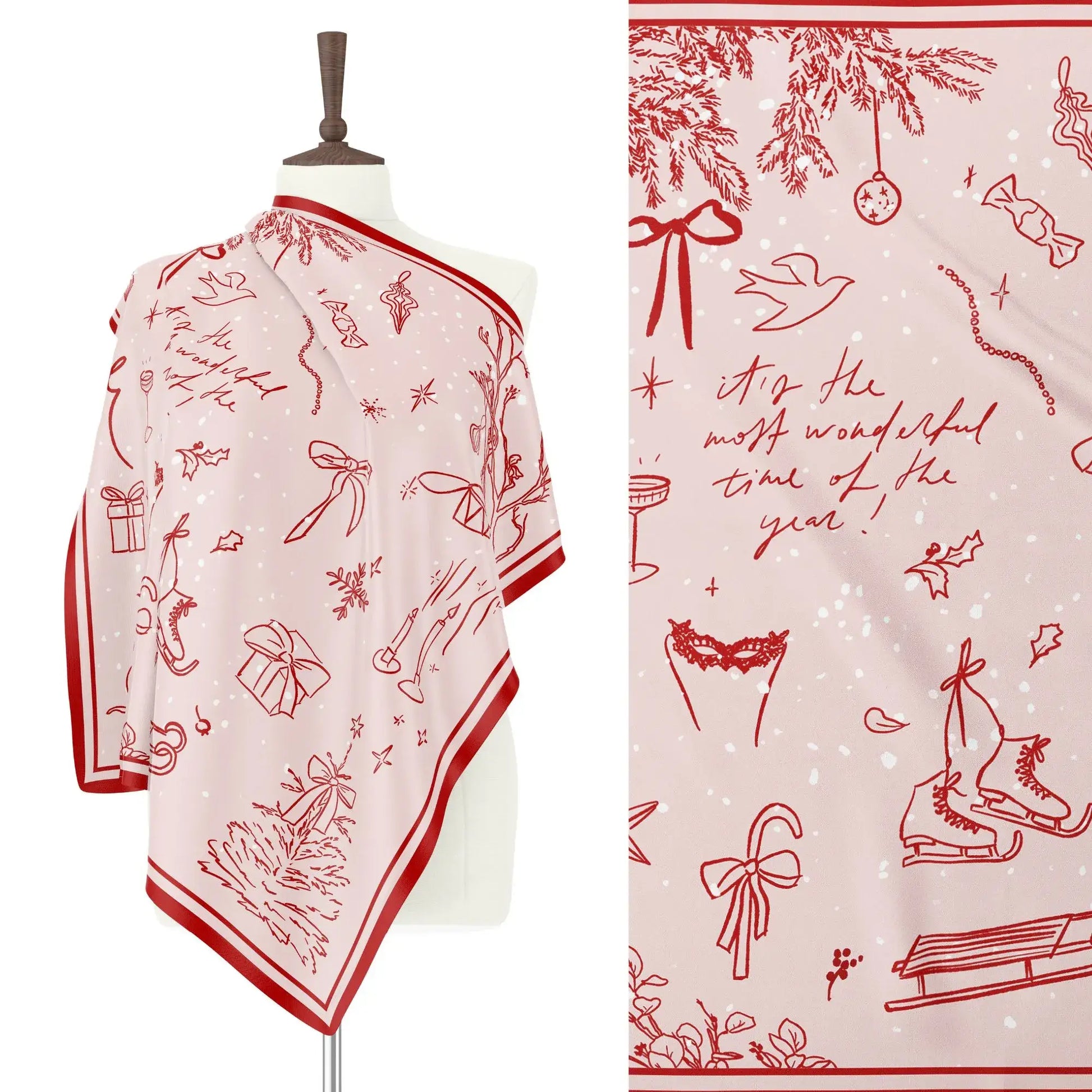 Hand-Drawn Doodle Christmas Scarf draped on hanger with close-up of festive sketches and “The Most Wonderful Time” text.