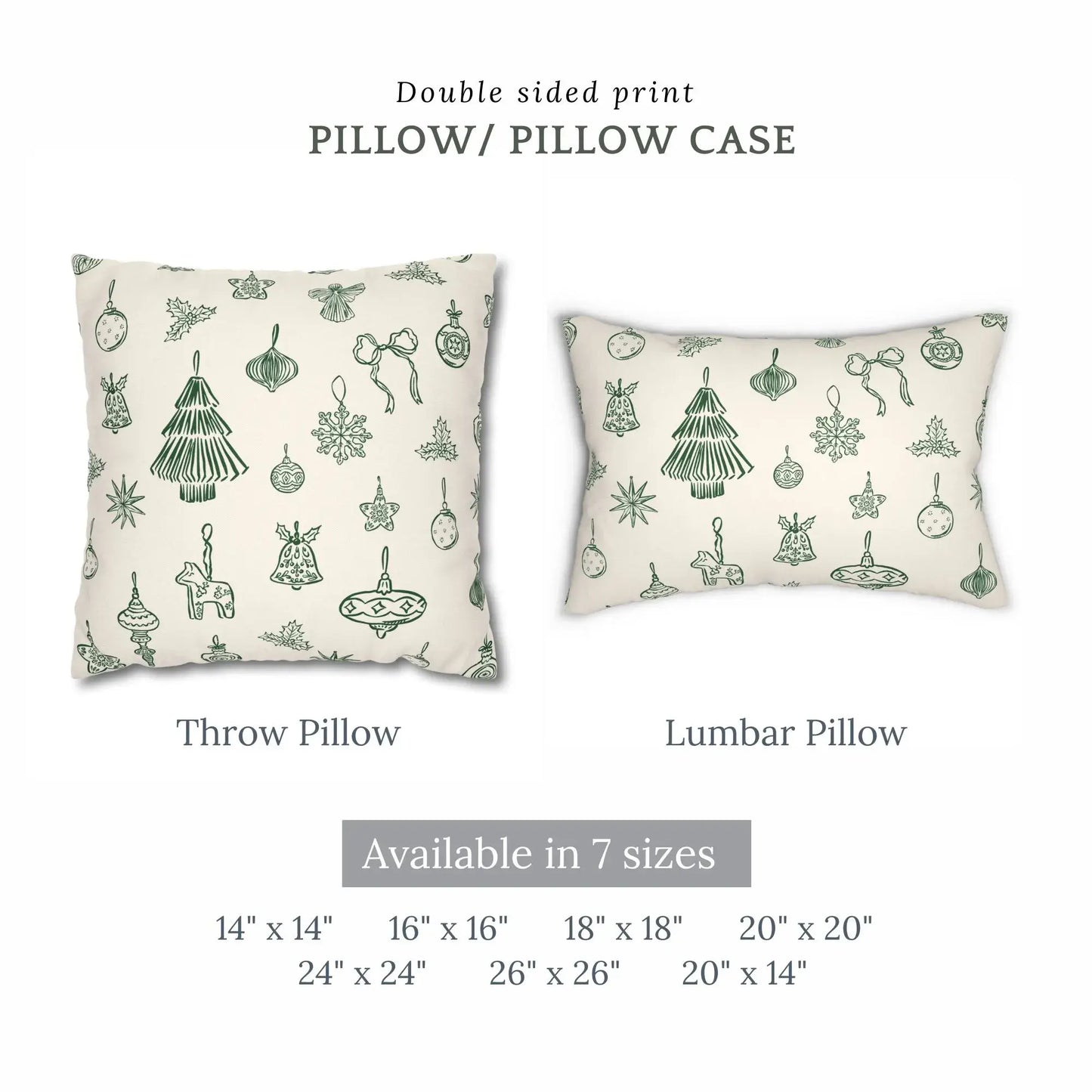Hand-drawn ornament Christmas pillow featuring double-sided print with green line-art designs.