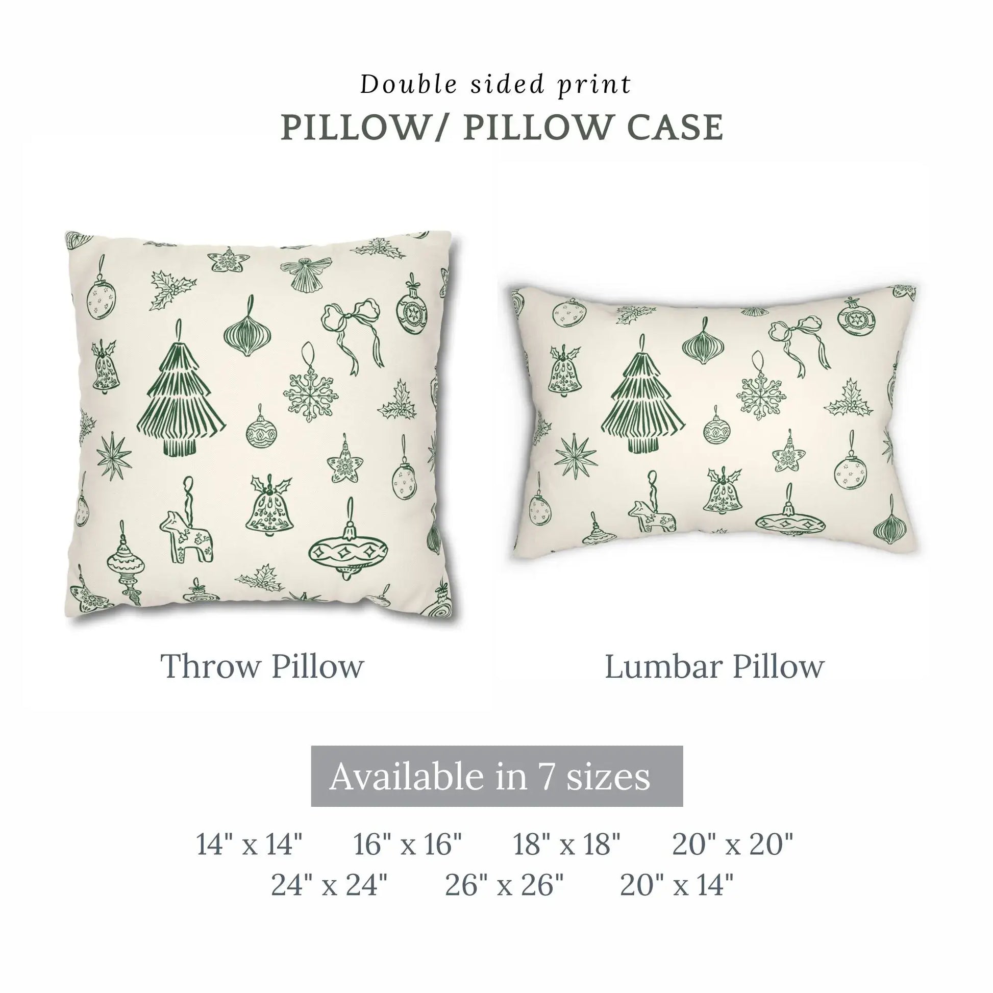 Hand-drawn ornament Christmas pillow featuring double-sided print with green line-art designs.